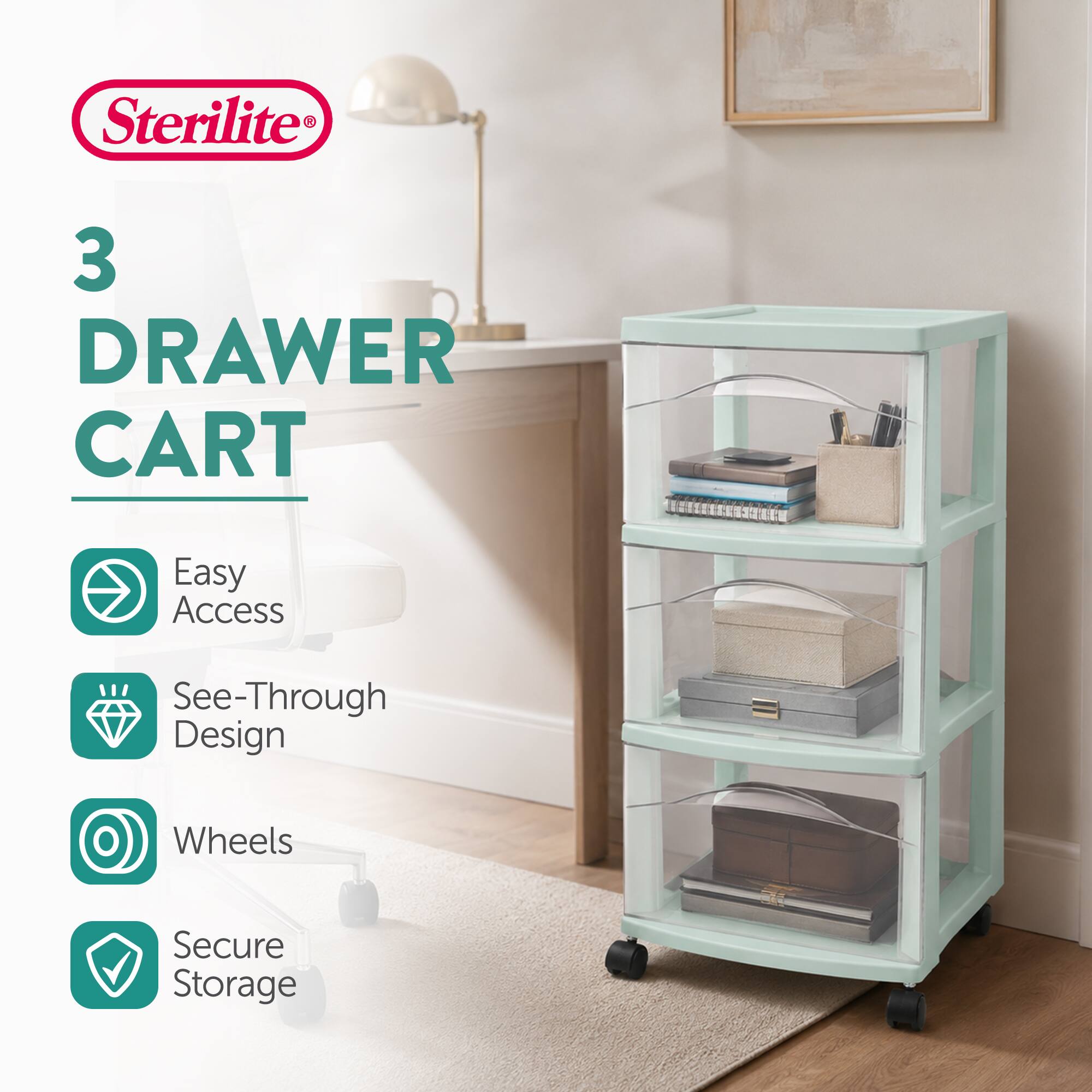 Sterilite  
3 DRAWER CART  
Easy Access  
See-Through Design  
Wheels  
Secure Storage