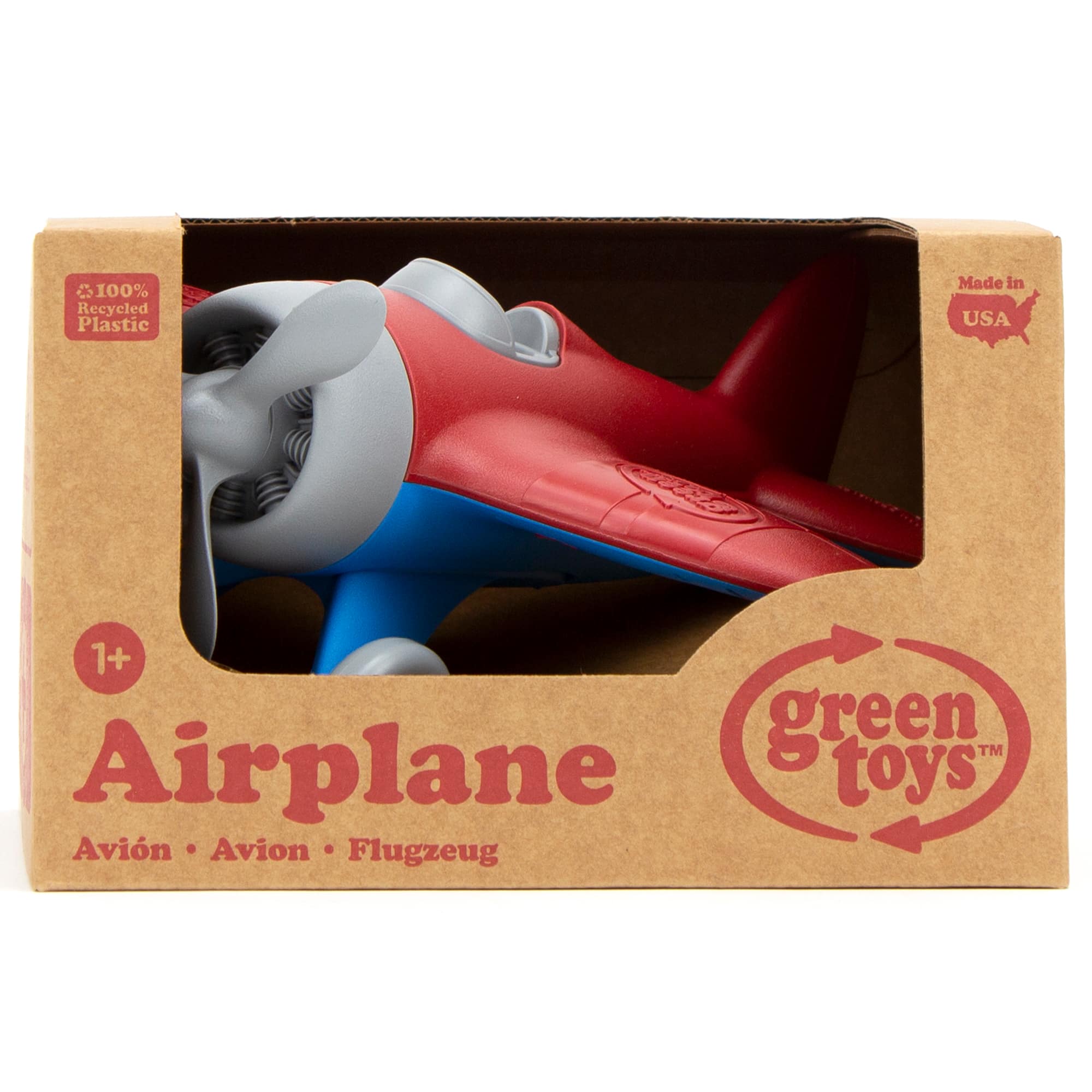 The text on the image reads: "100% Recycled Plastic Made in USA 1+ Airplane green toys TM Avin Avion Flugzeug."