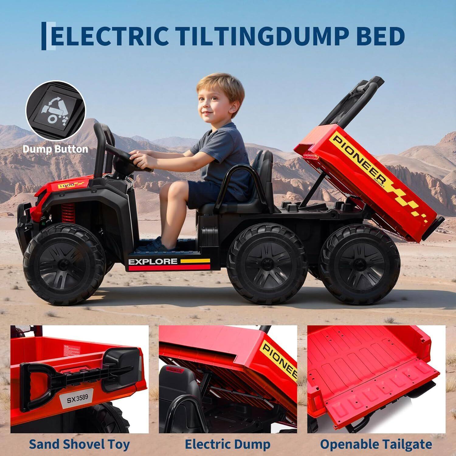 ELECTRIC TILTING DUMP BED

Dump Button

Sand Shovel Toy

Electric Dump

Openable Tailgate