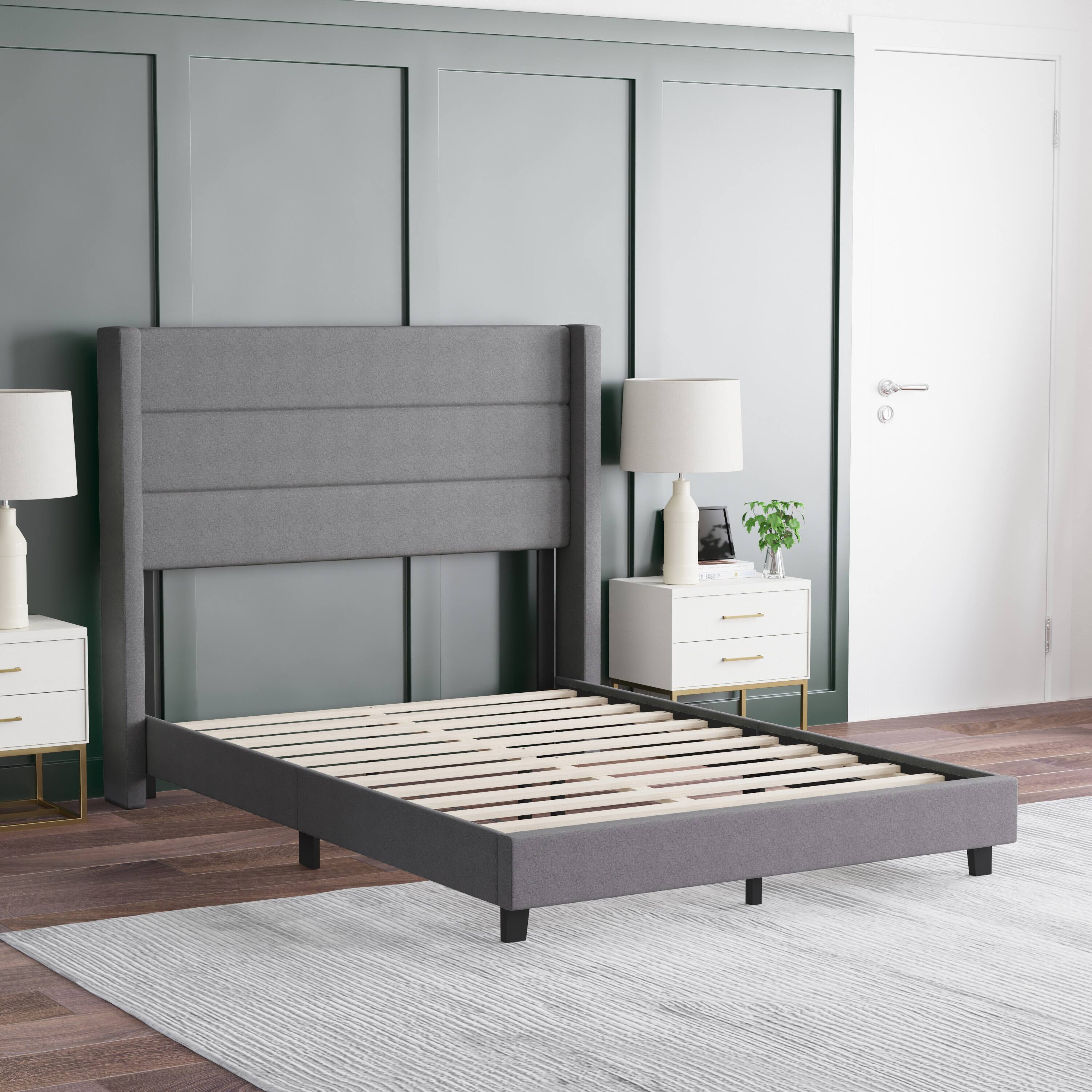 Alt View 3. Emma + Oliver - Upholstered Platform Bed with Wingback Headboard - Gray.