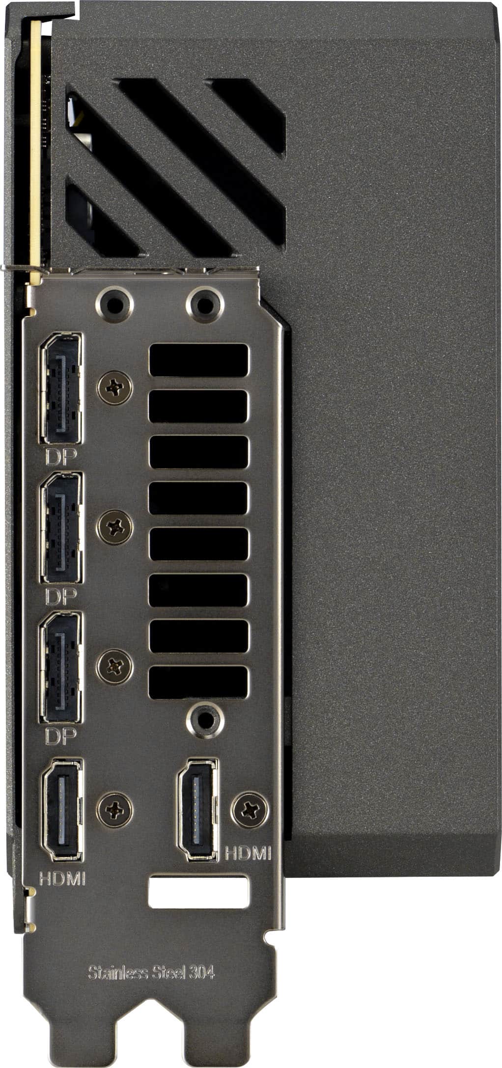 The text on the image reads: "DP DP 1 DP HDMI HDMI Stainless Steel 304." This text likely refers to the ports and connectors available on the back of the computer. The ports include DP (DisplayPort), HDMI, and a USB port. The material used for the back of the computer is stainless steel, which is a type of metal known for its durability and resistance to corrosion.