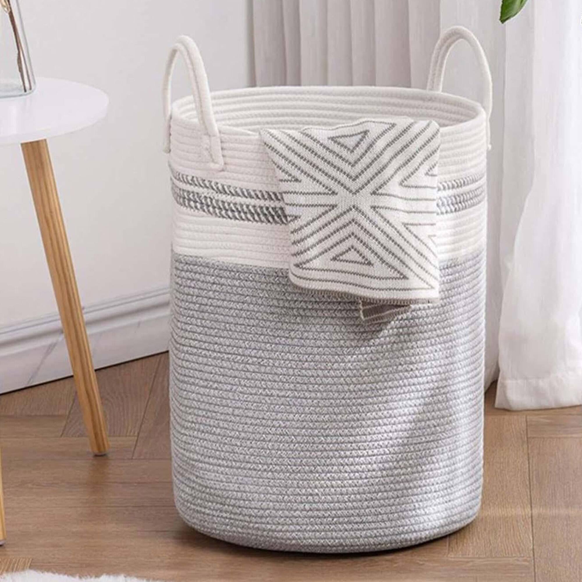 Alt View 2. Cheer Collection - Woven Cotton Rope Laundry Hamper – Large 16 x 16 x 22 in Storage Basket with Reinforced Handles - 2 Tone Gray - 2-Tone Gray.