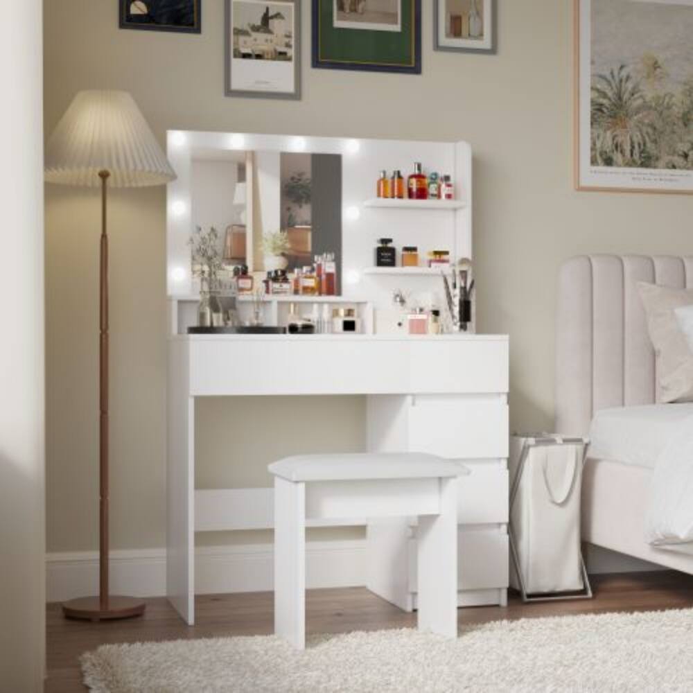 Angle. LUCKY ONE - 31.5in Vanity Desk with LED Mirror, Charging Station, 10 Bulbs, Drawers, Shelves and Stool - White.