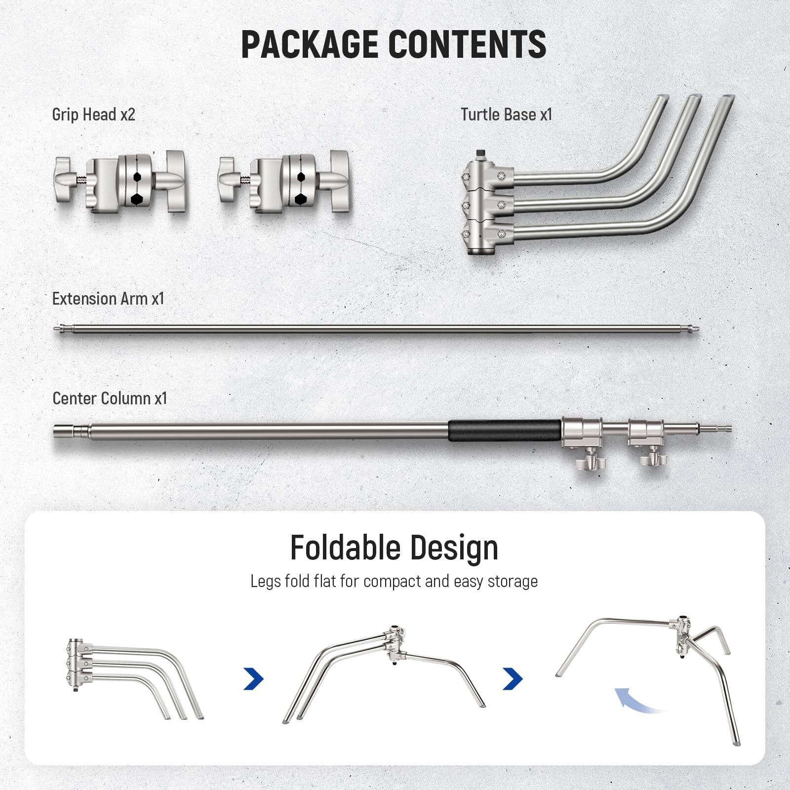 PACKAGE CONTENTS

- Grip Head x2
- Turtle Base x1
- Extension Arm x1
- Center Column x1

Foldable Design
Legs fold flat for compact and easy storage