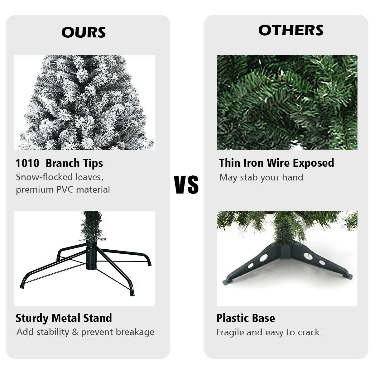 OURS: 1010 Branch Tips, Snow-flocked leaves, premium PVC material
OTHERS: Thin Iron Wire Exposed, May stab your hand, Sturdy Metal Stand, Add stability & prevent breakage, Plastic Base, Fragile and easy to crack