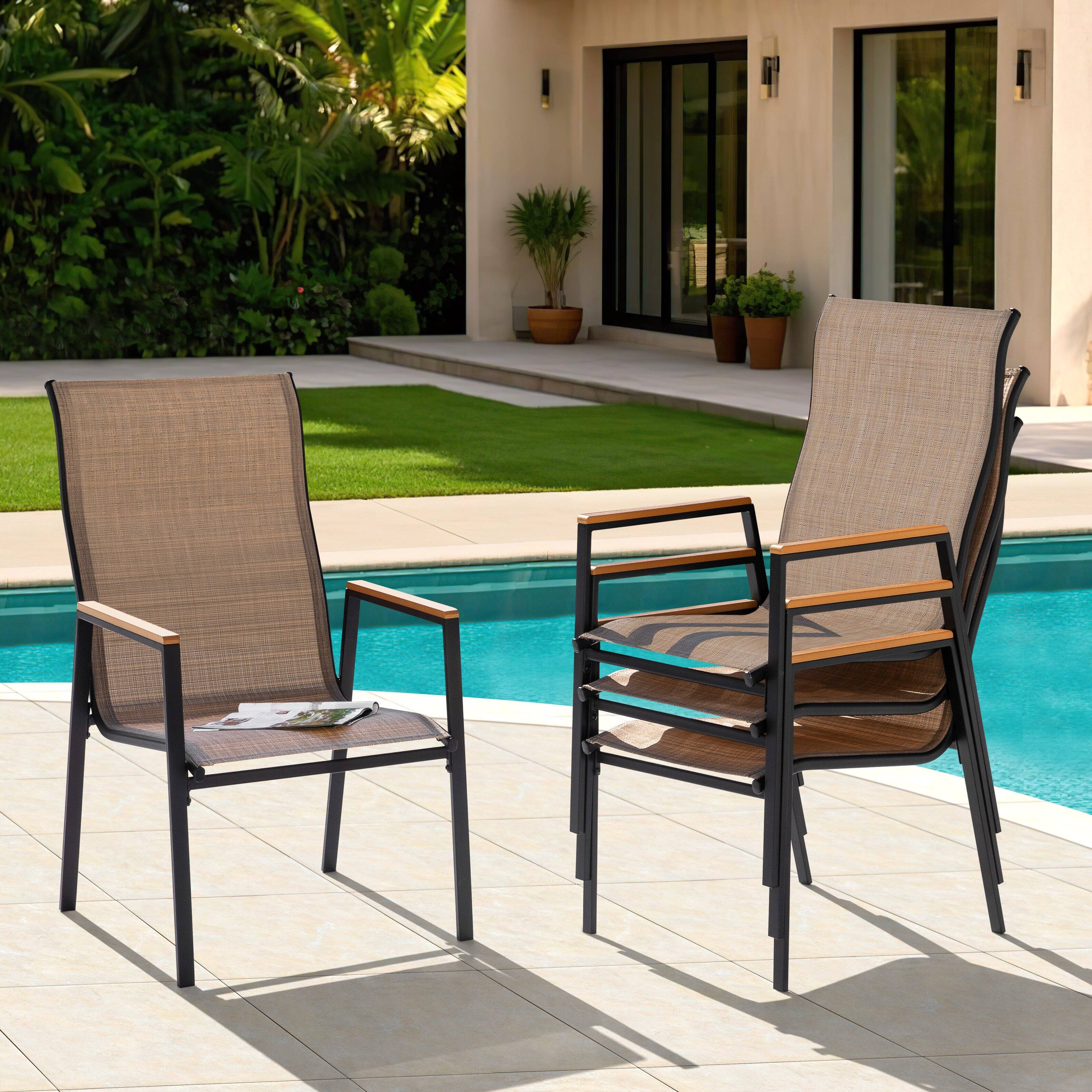 Angle. Nuu Garden - Patio Stackable Textilene Dining Chairs Set of 4, Faux Wood Armrests - Khaki.
