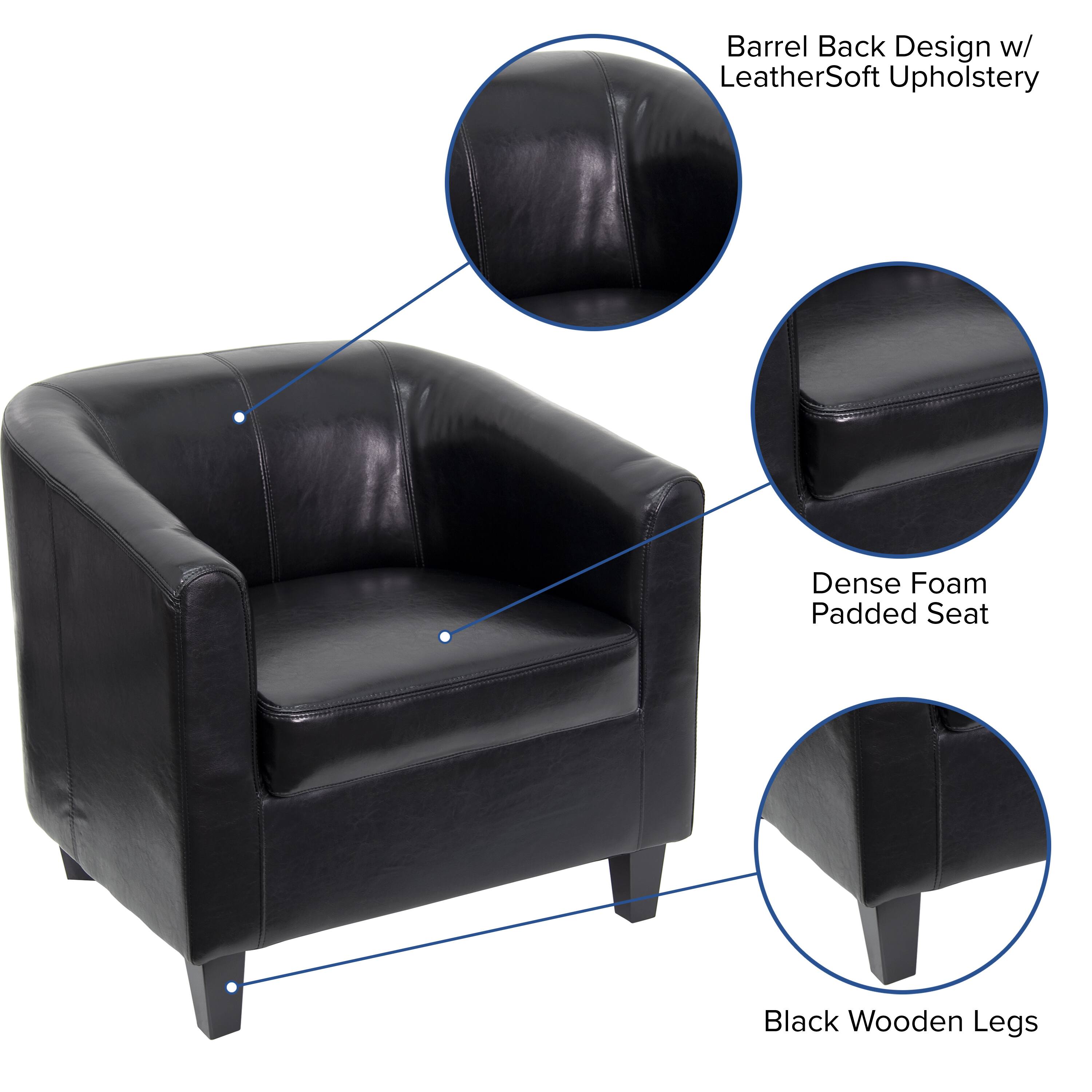 Barrel Back Design w/ LeatherSoft Upholstery  
Dense Foam Padded Seat  
Black Wooden Legs