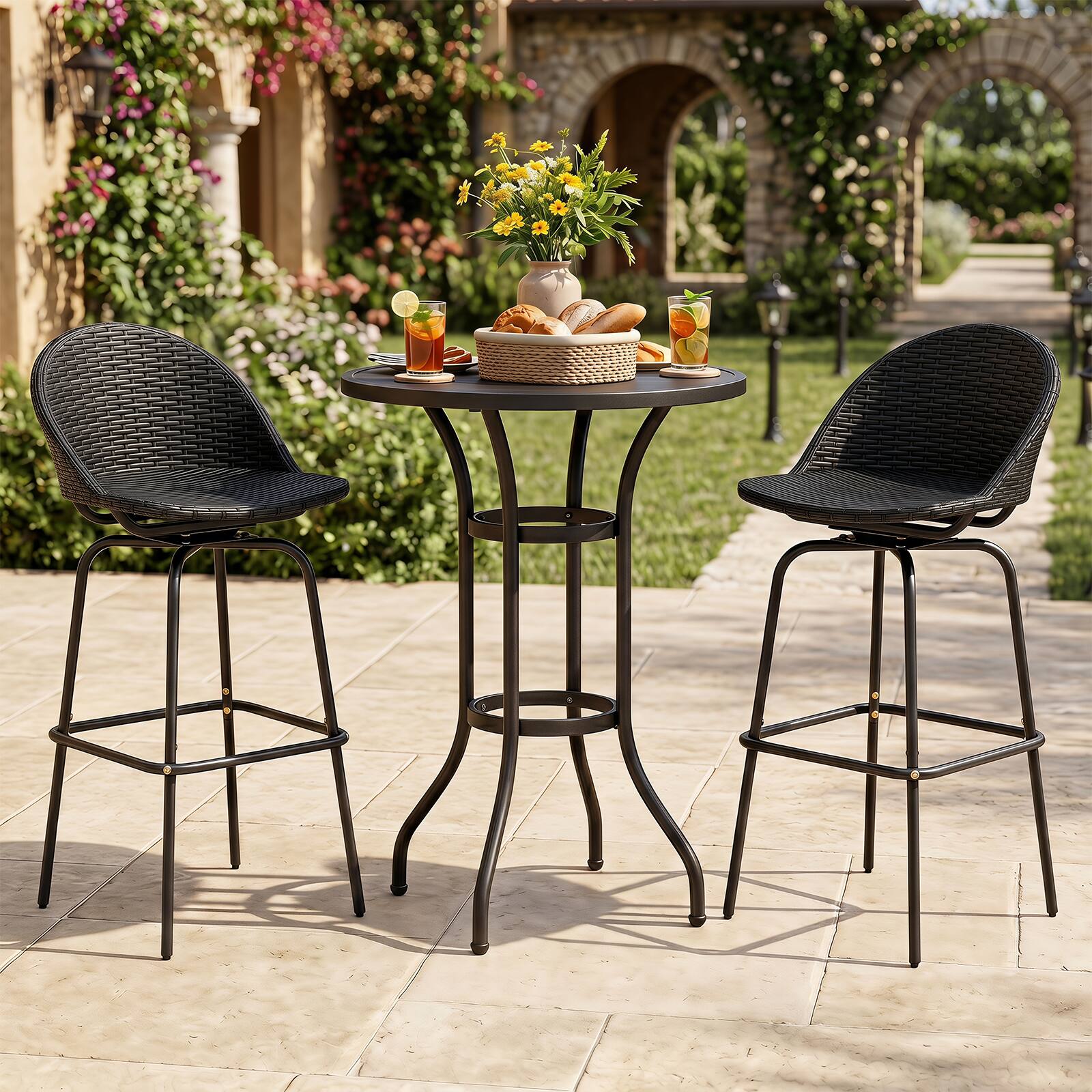 Alt View 3. Gymax - Gymax Rattan Swivel Barstools Set of 2 w/ Curved Back & Heavy-Duty Metal Support - Black.