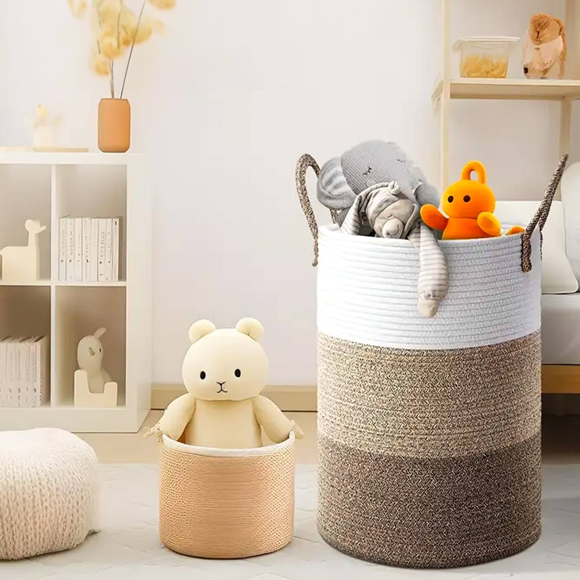 Alt View 1. Cheer Collection - Woven Cotton Rope Laundry Hamper – Large 16 x 16 x 22 in Storage Basket with Reinforced Handles - 3 Tone Tan - 3-Tone Tan.