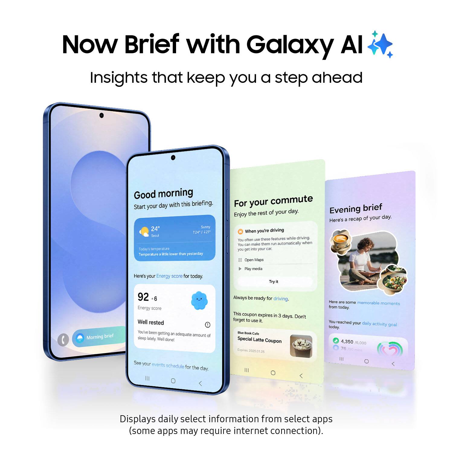 Now Brief with Galaxy Al Insights that keep you a step ahead. Good morning, start your day with this briefing. Your 24-hour temperature is lower than yesterday. For your commute, here's a recap of your day. Enjoy the rest of your day.

In the evening, here's a recap of your day. When you're driving, you can use these insights to make them automatically when you're on the go. Open Maps. Here's your energy score for today. Play media. Try it.

Morning brief: 92/6 Energy score. Well rested. You've been getting an adequate amount of sleep lately. Always be ready for driving. This coupon expires in 3 days. Don't forget to use it - Book Cafe Special Latte Coupon.

Here are some memorable moments from today. You reached your daily activity goal today: 4,350/6,000 steps. See your events schedule for the day. Displays daily select information from select apps (some apps may require internet connection).