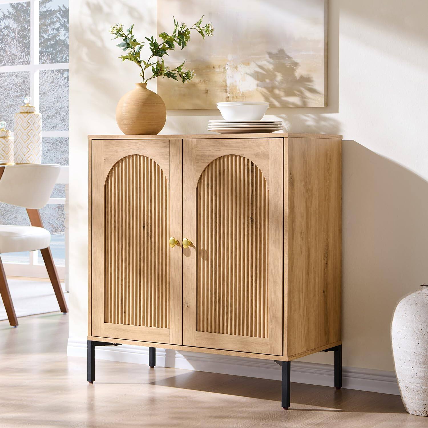 Front. OMOMMD - Fluted Arched Buffet Sideboard, Modular Coffee Bar with Adjustable Shelves - Natural 1 Piece.