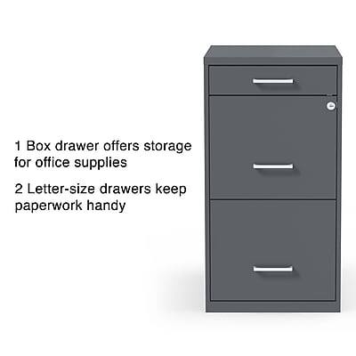 1. Box drawer offers storage for office supplies  
2. Letter-size drawers keep paperwork handy