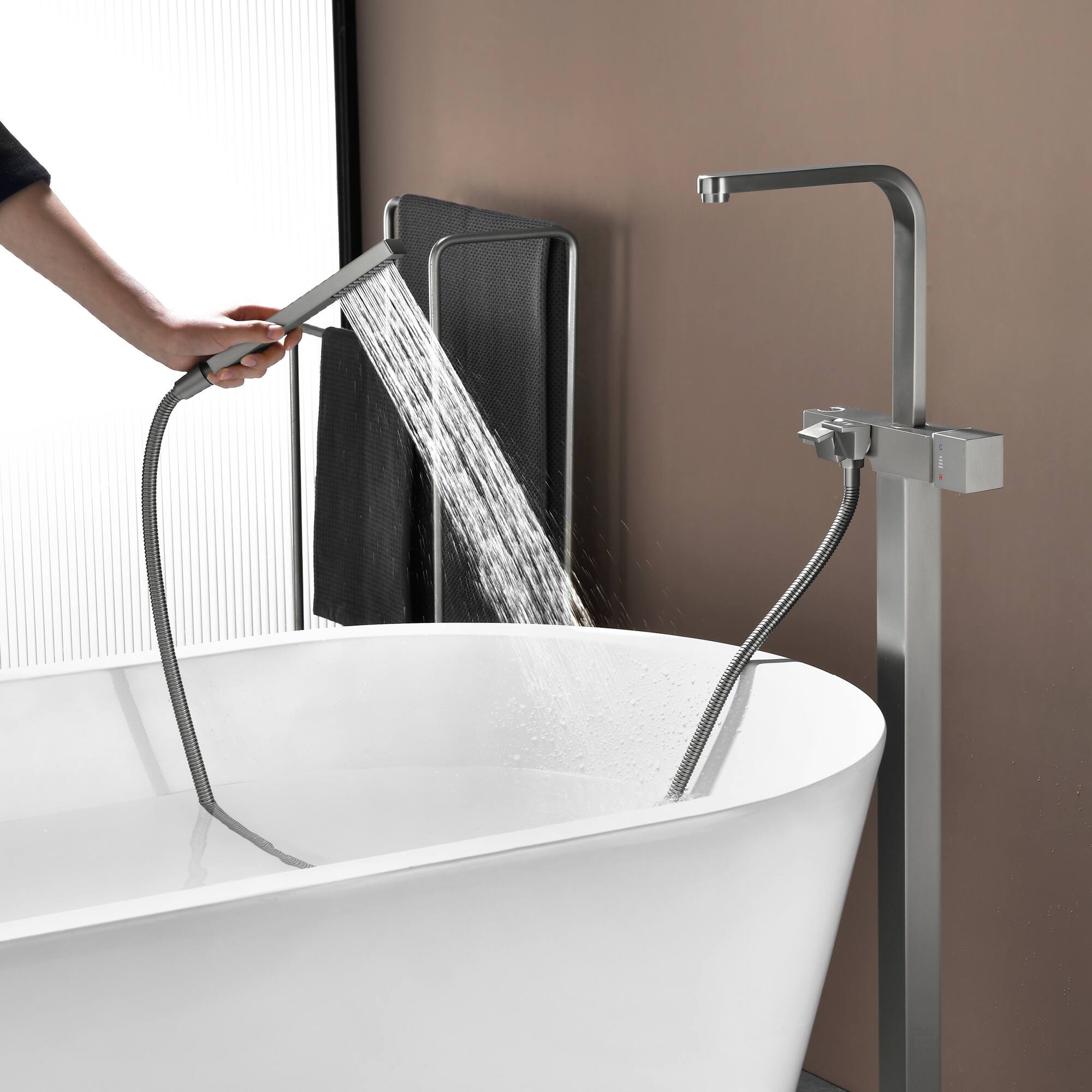 Alt View 4. Boyel Living - Brushed Nickel Bathtub Faucet Solid Brass Single Handle 360° Swivel Handheld Spray - Silver.