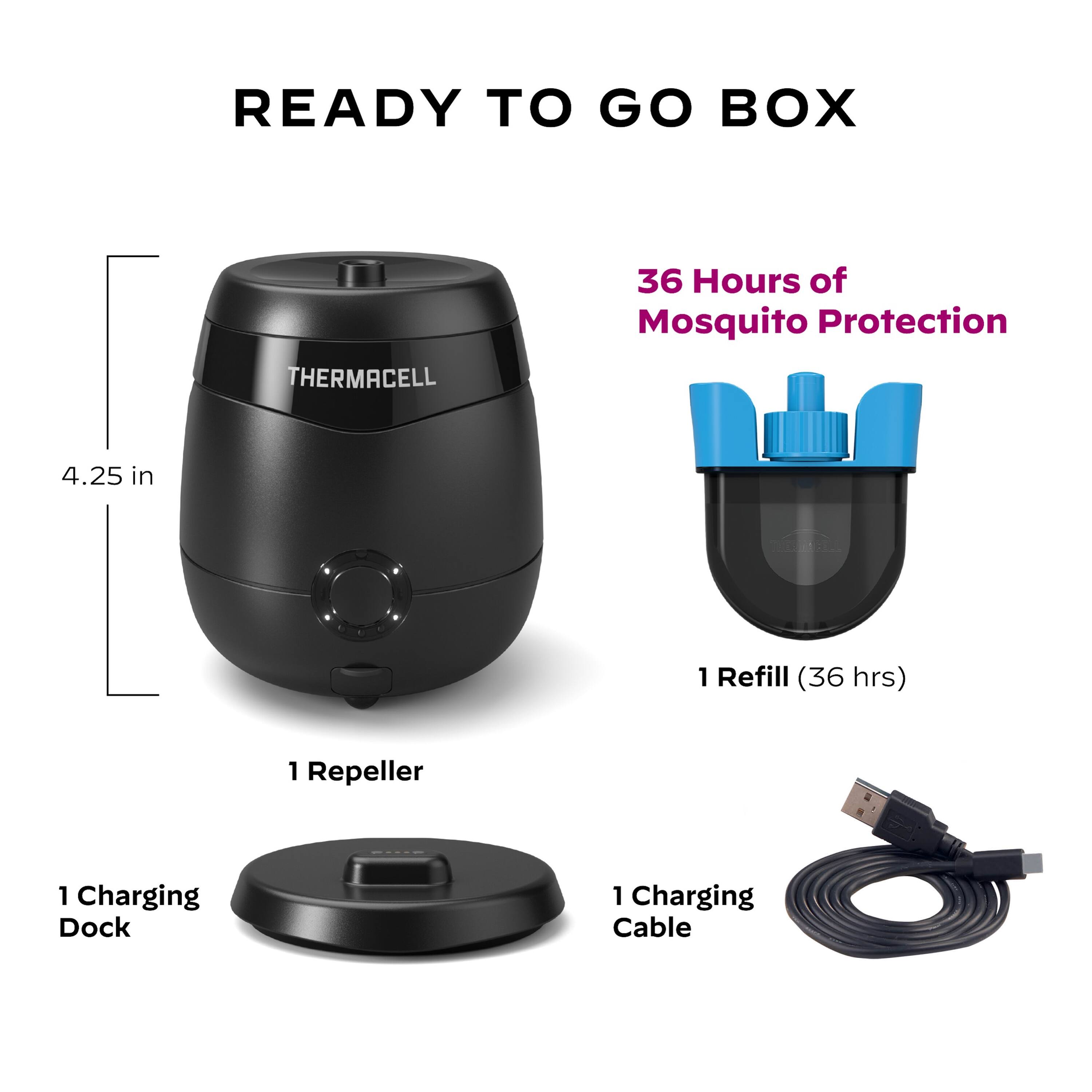 READY TO GO BOX THERMACELL 36 Hours of Mosquito Protection 4.25 in 1 Refill (36 hrs) 1 Repeller 1 Charging Dock 1 Charging Cable