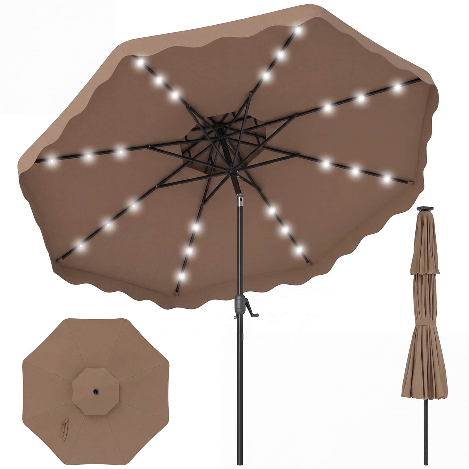 Gymax - 9 FT Solar LED Patio Umbrella Push-Button Tilt & Crank 24 LED Lights & 8 Ribs - Brown