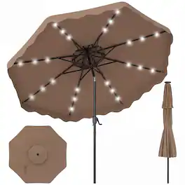 Costway - 9 FT Solar LED Patio Umbrella, Push-Button Tilt & Crank, 24 LED Lights & 8 Ribs - Brown