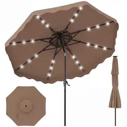 Front. Costway - Costway 9 FT Solar LED Patio Umbrella, Push-Button Tilt & Crank, 24 LED Lights & 8 Ribs - Brown.