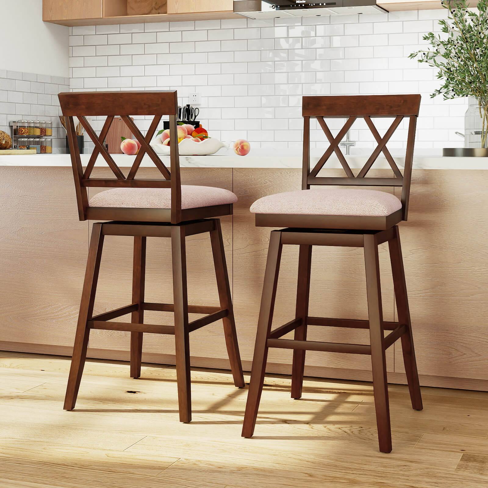 Alt View 3. Costway - 1 PCS 29" Bar Stool Wooden Chair with Contoured Backrest Swivel Padded Seat for Kitchen - White/Gray.