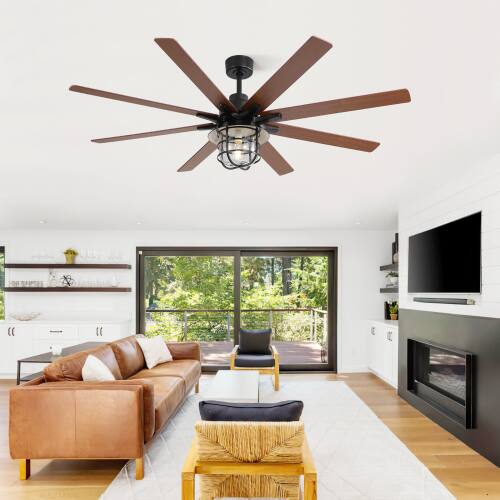Alt View 1. LUCKY ONE - 66" Ceiling Fan with Light Remote 8 Blades 6-Speed DC Motor - Black.