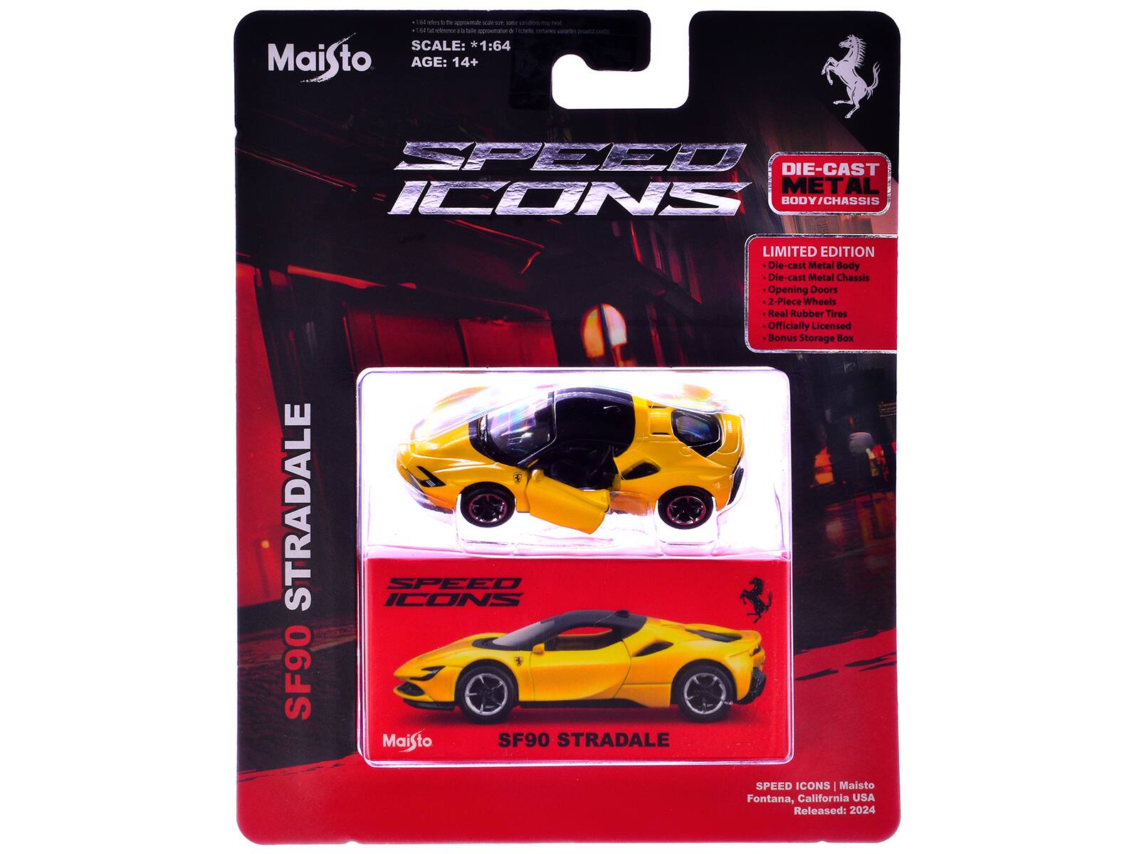 Sure, here is the corrected and grouped text from the image:

---

**Maisto**

**SPEED ICONS**

**SF90 STRADALE**

**LIMITED EDITION**

- Die-cast Metal Body
- Die-cast Metal Chassis
- Opening Doors
- 2-Piece Wheels
- Real Rubber Tires
- Officially Licensed
- Bonus Storage Box

**DIE-CAST METAL BODY/CHASSIS**

**SCALE:** 1:64

**AGE:** 14+

**SPEED ICONS | Maisto Fontana, California USA Released: 2024**

---

This text is organized to reflect the information on the packaging accurately.