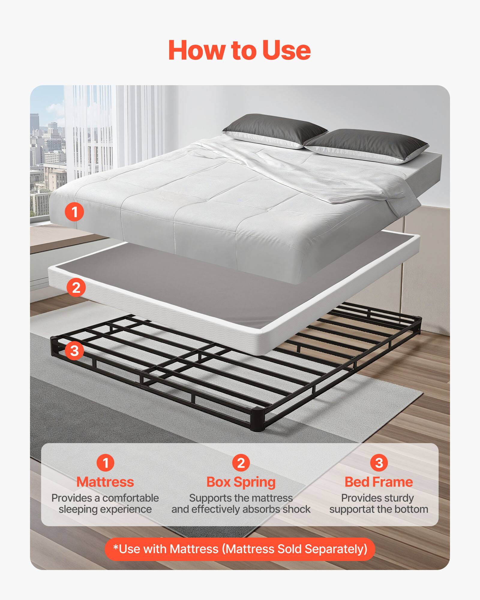 How to Use

1. Mattress
   - Provides a comfortable sleeping experience

2. Box Spring
   - Supports the mattress and effectively absorbs shock

3. Bed Frame
   - Provides sturdy support at the bottom

*Use with Mattress (Mattress Sold Separately)