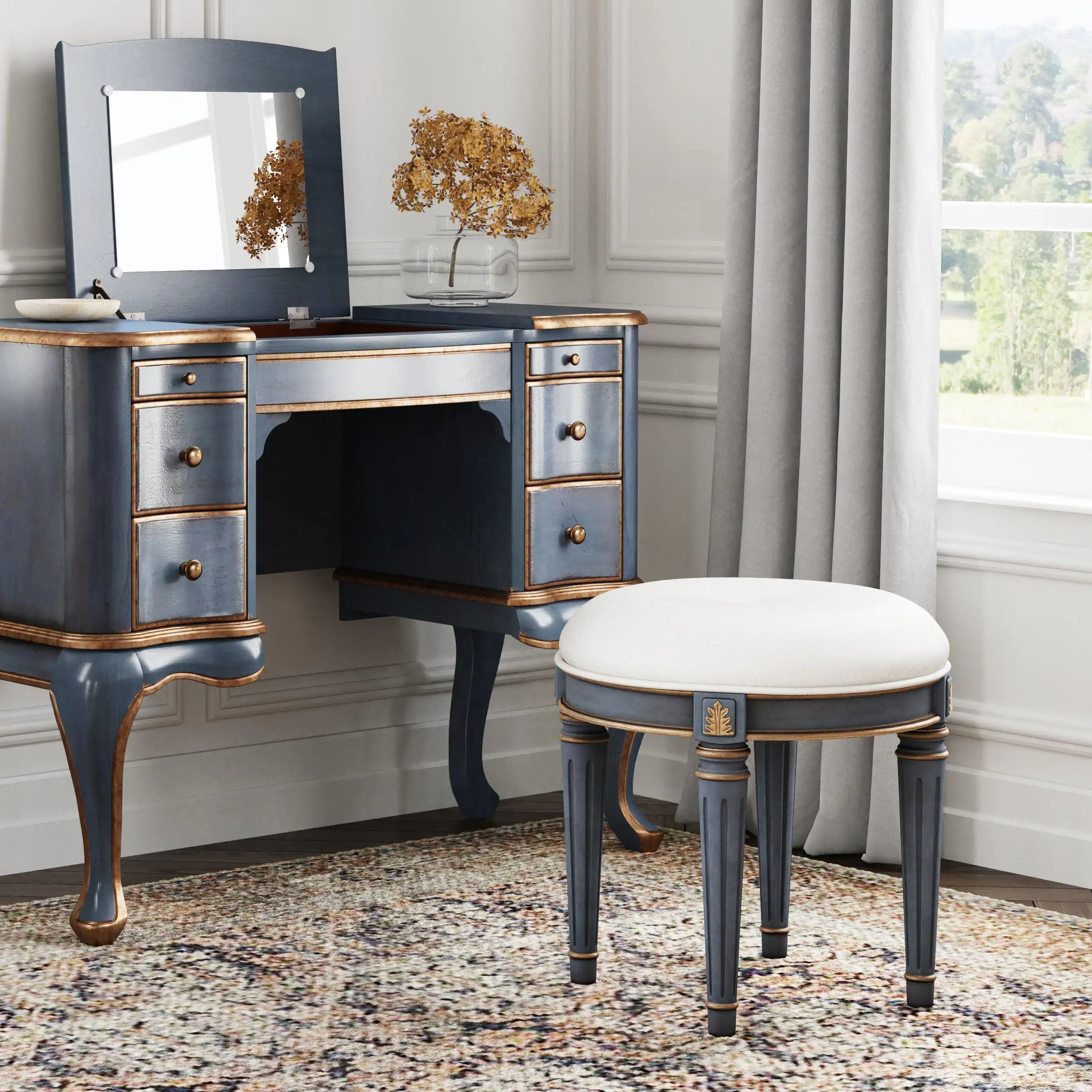 Alt View 1. Butler Specialty - Bernadette 18.5 in. Seat Height Round Upholstered and Wood Traditional Vanity Stool - Blue.