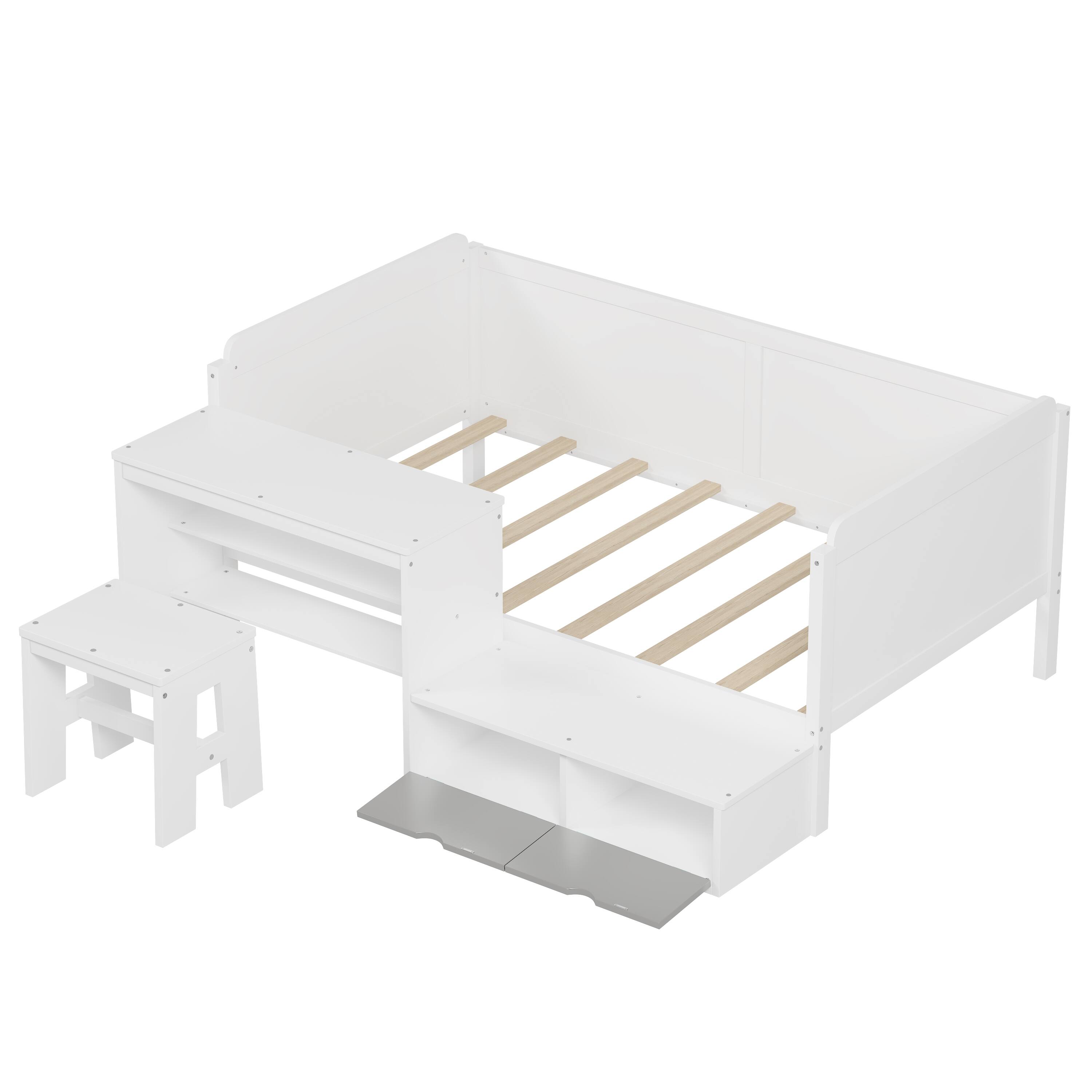 Alt View 2. Tiramisubest - Wooden Twin Size Daybed with Storage Shelves and Lockers, Multi-functional Bed with Study Desk and Matching Stool, White - White.