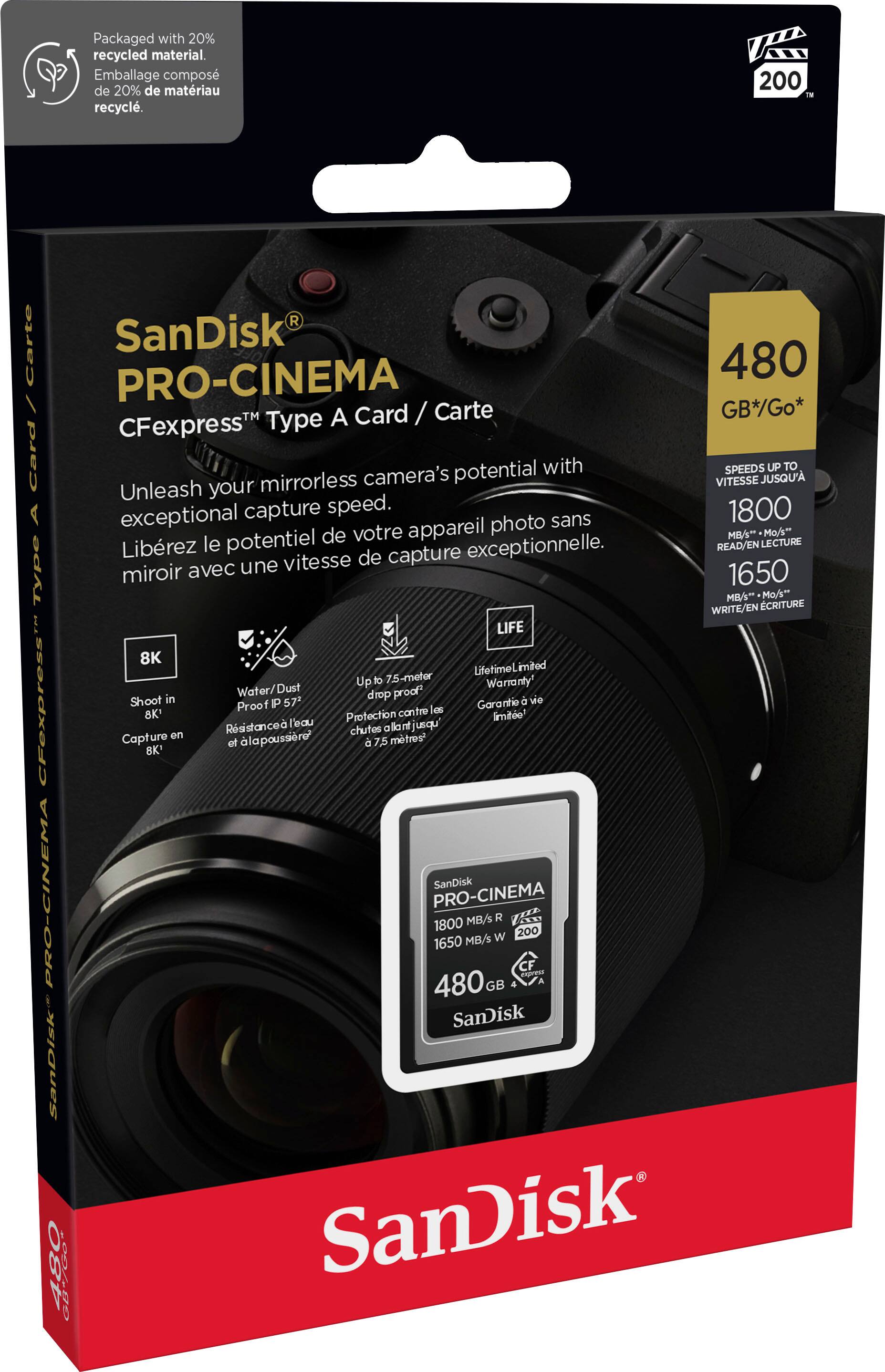 The packaging of the SanDisk PRO-CINEMA 480 GB/s CFexpress Type Card is made of 20% recycled material. This card is designed to unleash the potential of your mirrorless camera, offering exceptional capture speeds of up to 1800 MB/s read and 1650 MB/s write. The card comes with a limited 8K lifetime warranty and water/dust drop protection, making it ideal for shooting in harsh conditions. The packaging also includes a 7.5-meter warranty, ensuring that you have peace of mind when using this high-quality memory card.