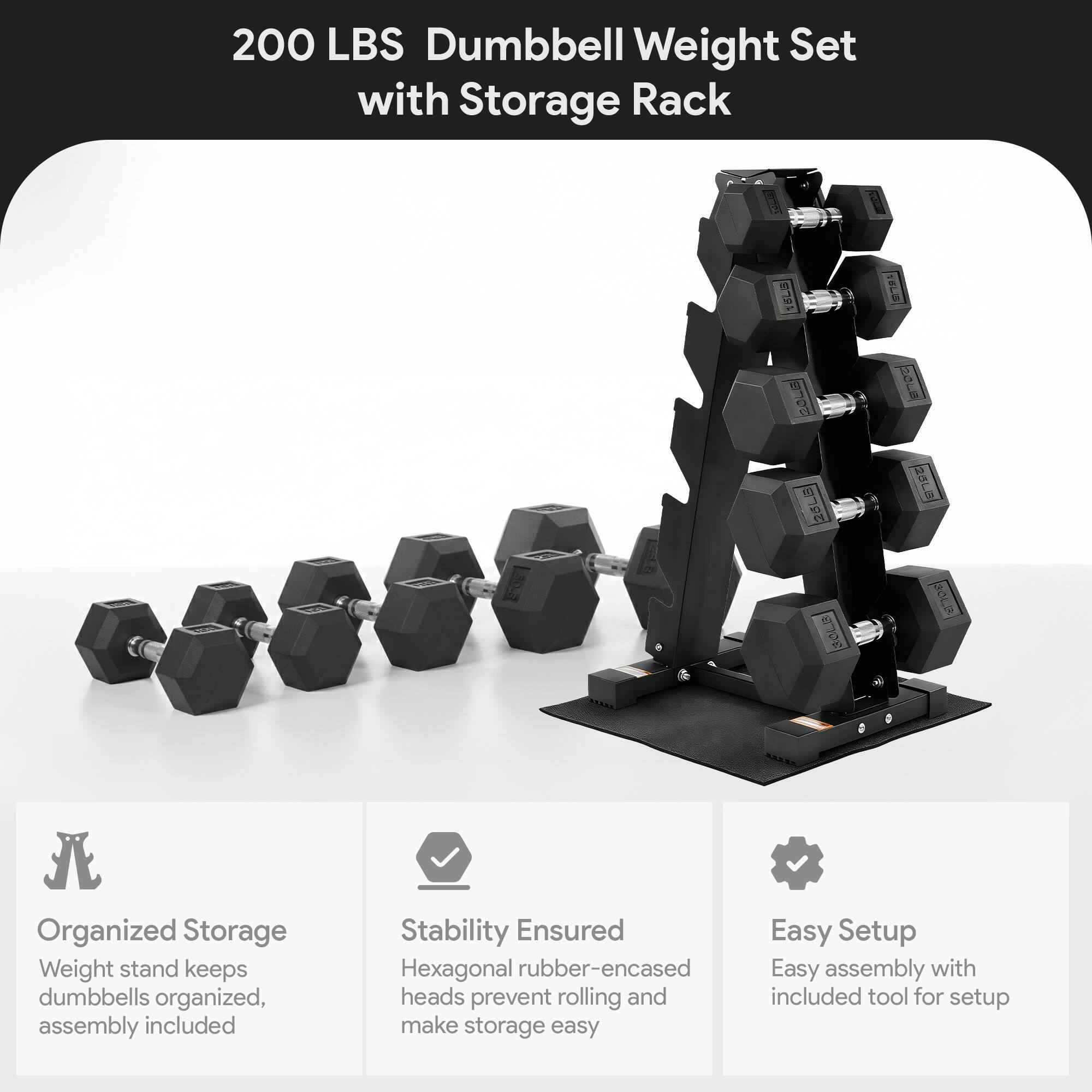 200 LBS Dumbbell Weight Set with Storage Rack

Organized Storage
Weight stand keeps dumbbells organized, assembly included

Stability Ensured
Hexagonal rubber-encased heads prevent rolling and make storage easy

Easy Setup
Easy assembly with included tool for setup