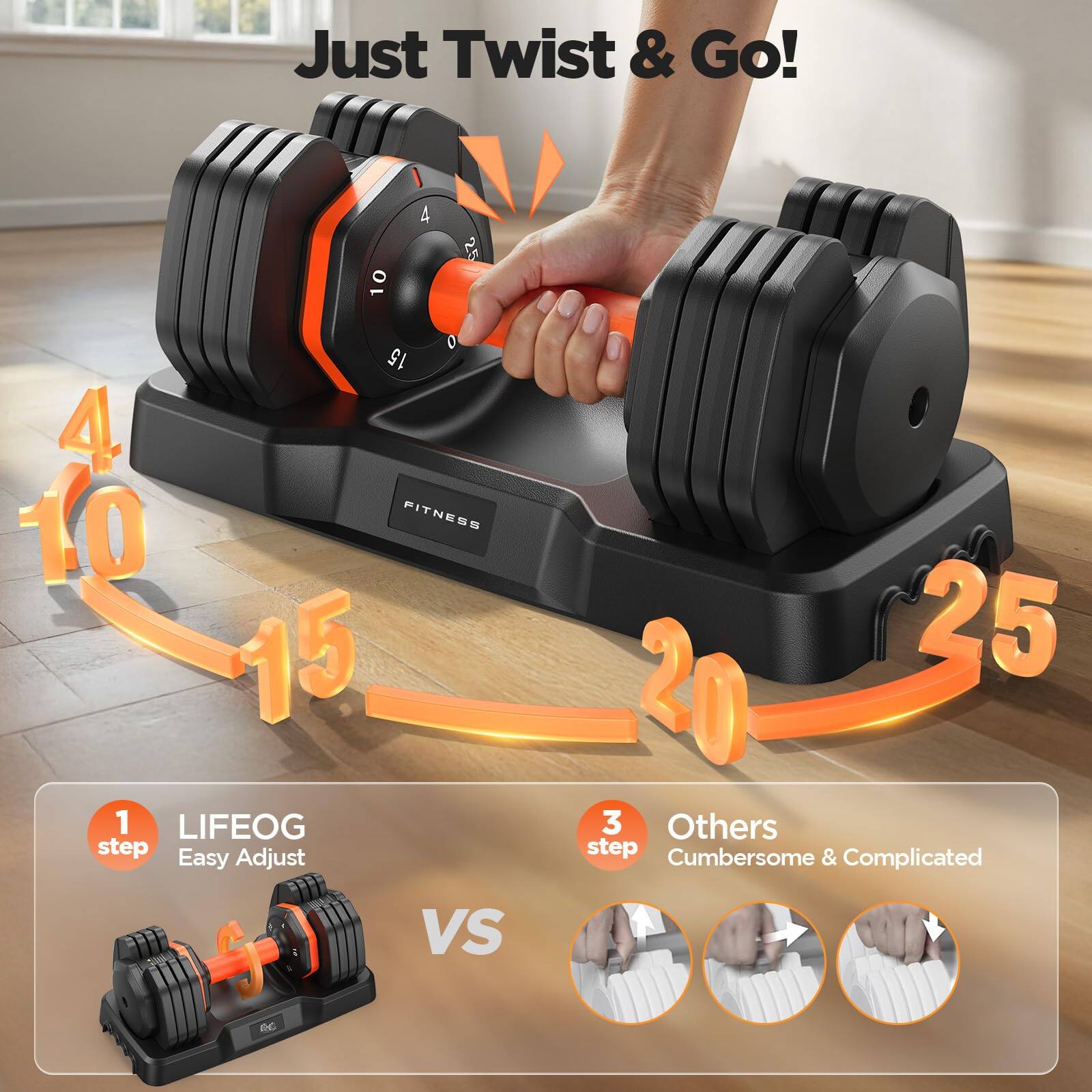Just Twist & Go!  
10 4 25 0 15 4 10  
FITNESS  
1 LIFEOG step Easy Adjust  
25 20 3 Others step Cumbersome & Complicated  
VS DC
