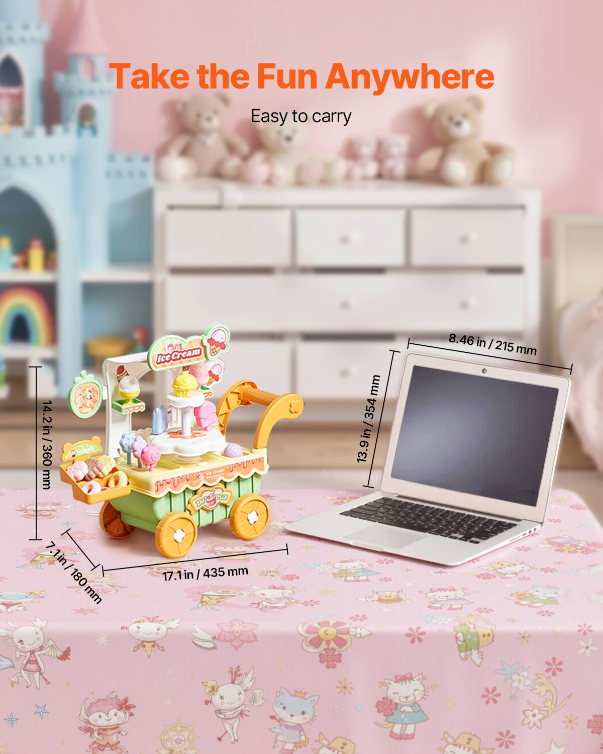 Take the Fun Anywhere  
Easy to carry  

Ice Cream  
14.2 in / 360 mm  
7.1 in / 180 mm  
17.1 in / 435 mm  
13.9 in / 354 mm  
8.46 in / 215 mm