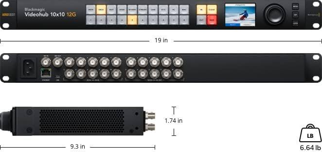 NNS 200 Blackmagic Videohub 10x10 12G  
19 in  
1.74 in  
1 LB  
9.3 in  
6.64 lb