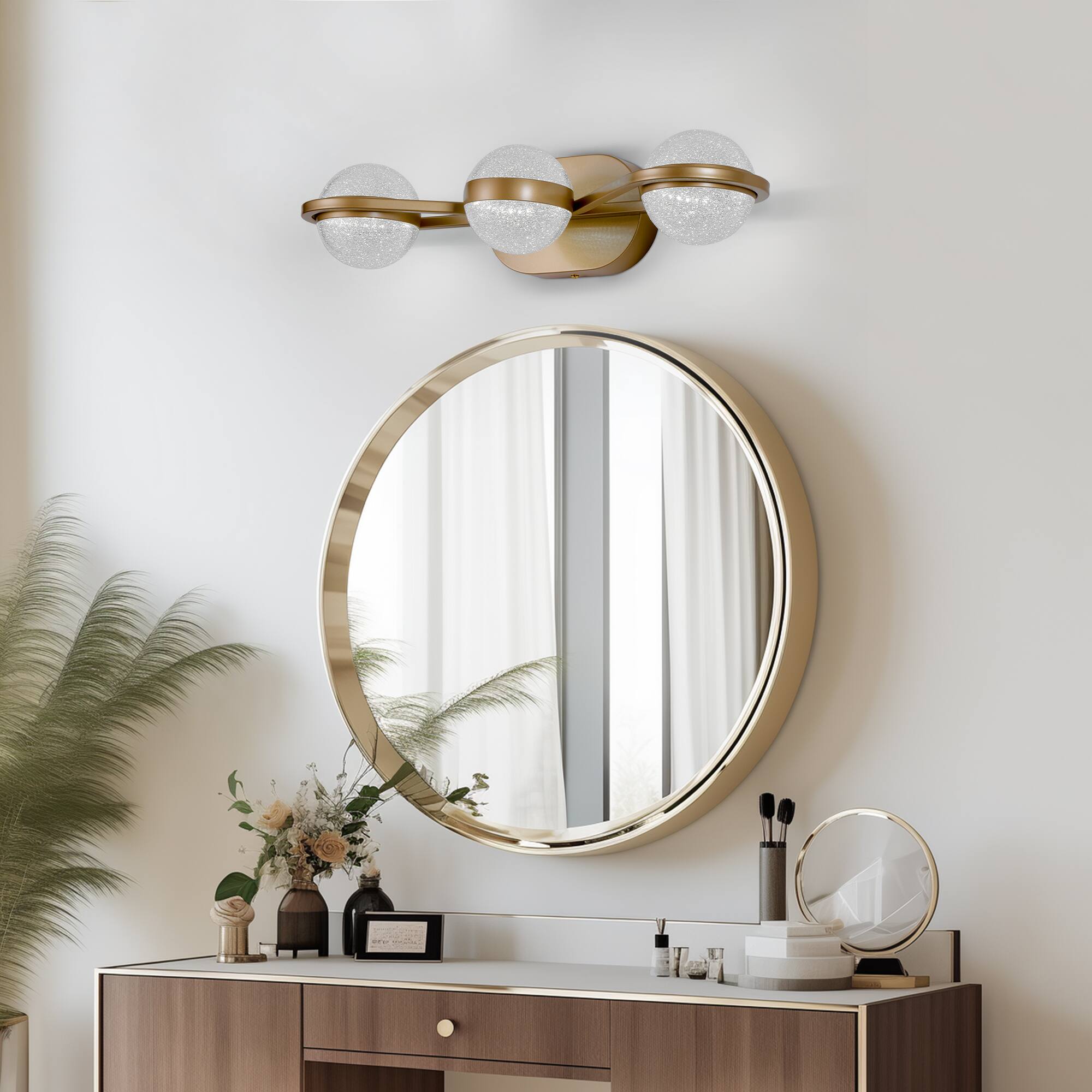 Angle. APRILSOUL - Bathroom Vanity Light LED 3 Bulb Crystal Sand Acrylic Shades Wall Mounted Decorative Lighting Fixture Champagne Gold.