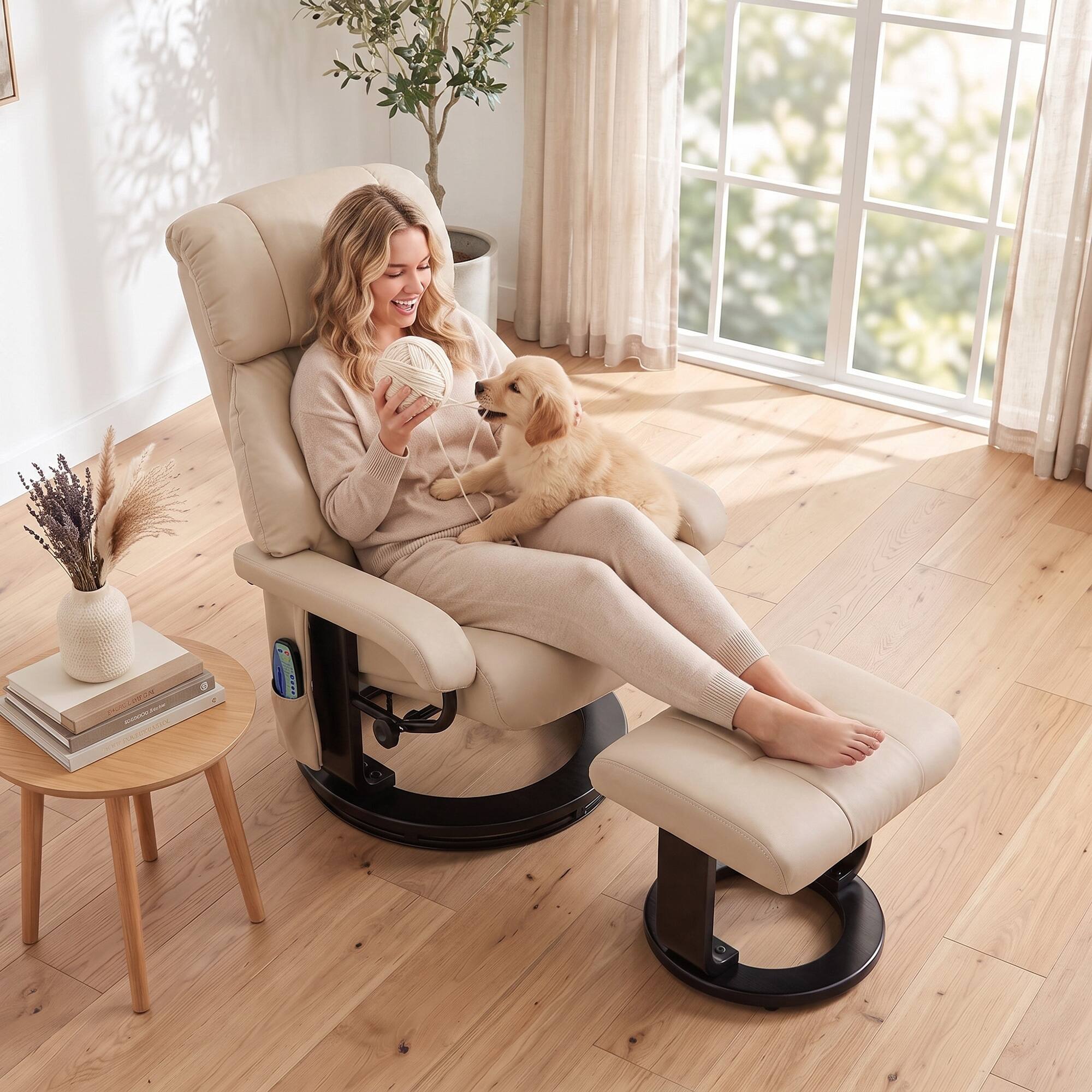 Alt View 8. Homcom - Recliner Chair with Ottoman, 360° Swivel Recliner and Footstool - Beige.