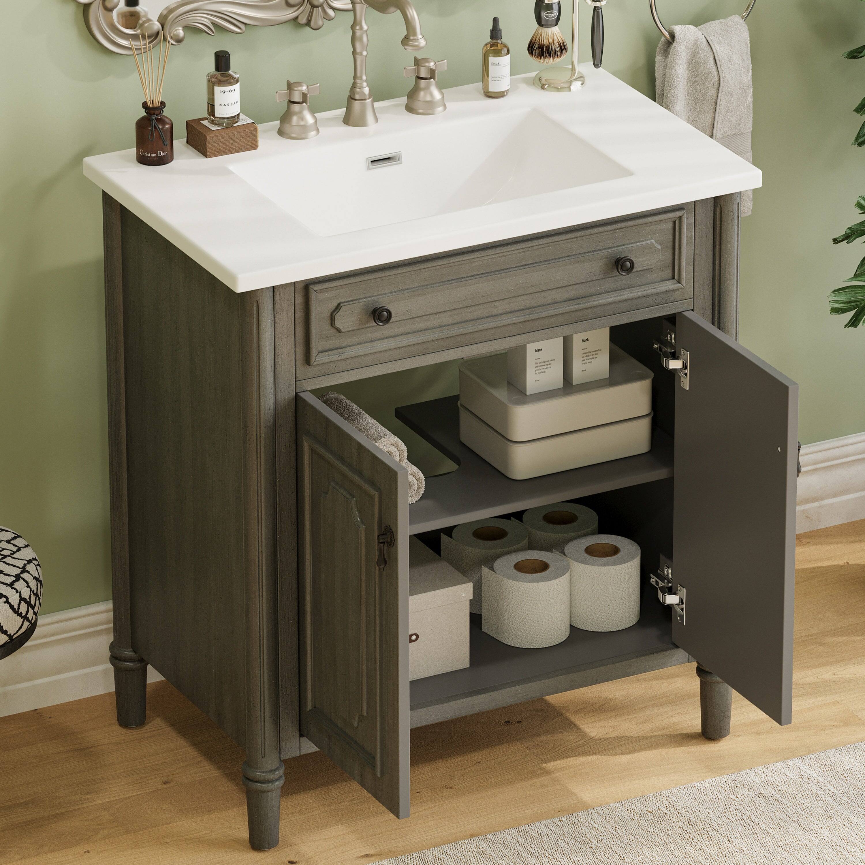 Alt View 6. Boyel Living - 31 Inch Vintage Bathroom Vanity with Sink Rustic Cabinet Soft Close Doors Adjustable Shelf Gray - Gray.