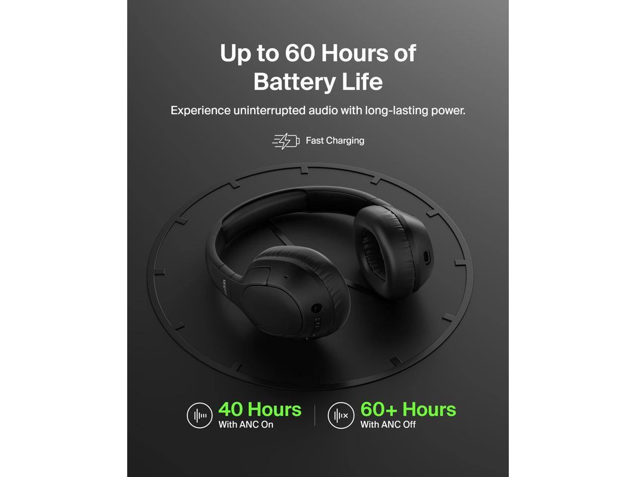 Up to 60 Hours of Battery Life  
Experience uninterrupted audio with long-lasting power.  

Fast Charging  
40 Hours With ANC On  
60+ Hours With ANC Off