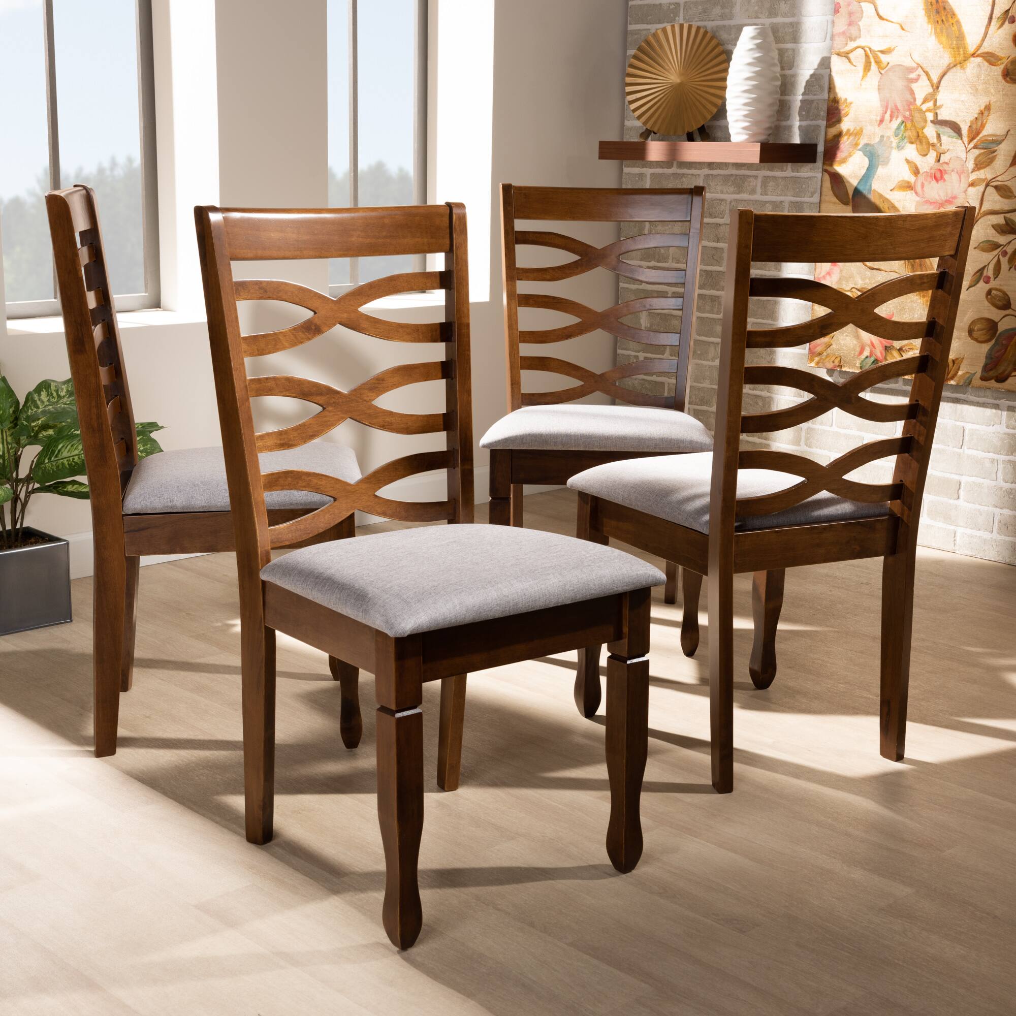 Alt View 1. Baxton Studio - Elijah Modern Fabric Upholstered and Finished Wood 4-Piece Dining Chair Set - Grey/Walnut.
