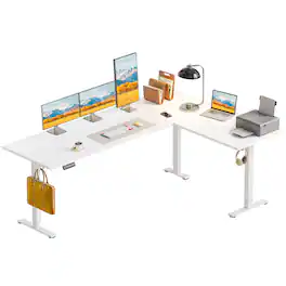 OffiGo - Reversible L Shaped Electric Standing Desk, Height Adjustable Corner Stand Up Computer Table for Home Office - White