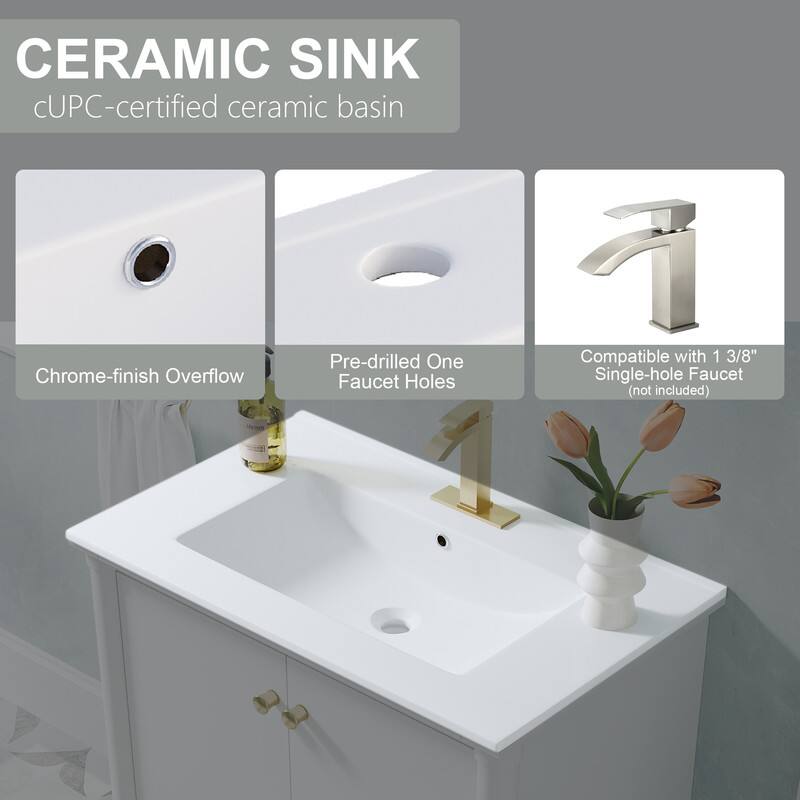 CERAMIC SINK  
cUPC-certified ceramic basin  
Pre-drilled One Chrome-finish Overflow Faucet Holes  
Compatible with 1 3/8" Single-hole Faucet (not included)