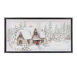 BreeBe - Framed Winter Scene Canvas Wall Art 25"L - White, Green