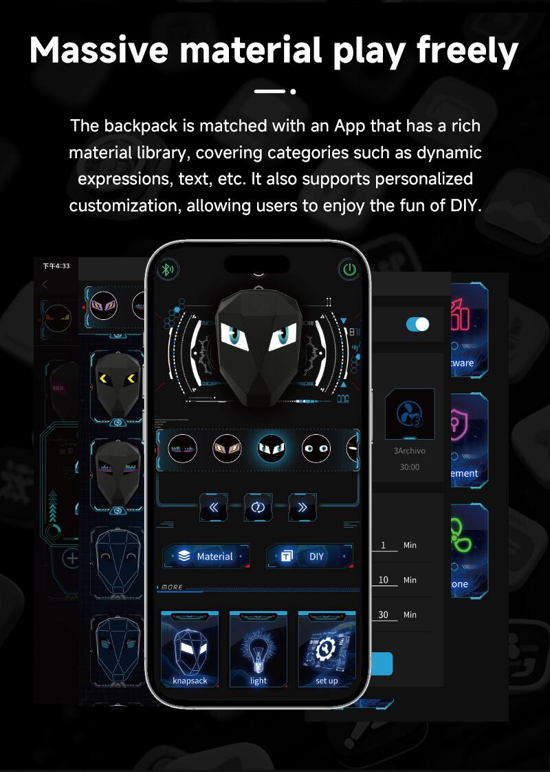 Massive material play freely

The backpack is matched with an App that has a rich material library, covering categories such as dynamic expressions, text, etc. It also supports personalized customization, allowing users to enjoy the fun of DIY.

4:33
3Archivo | 30:00
ement
Material
DIY
1 Min
10 Min
30 Min
knapsack
light
set up