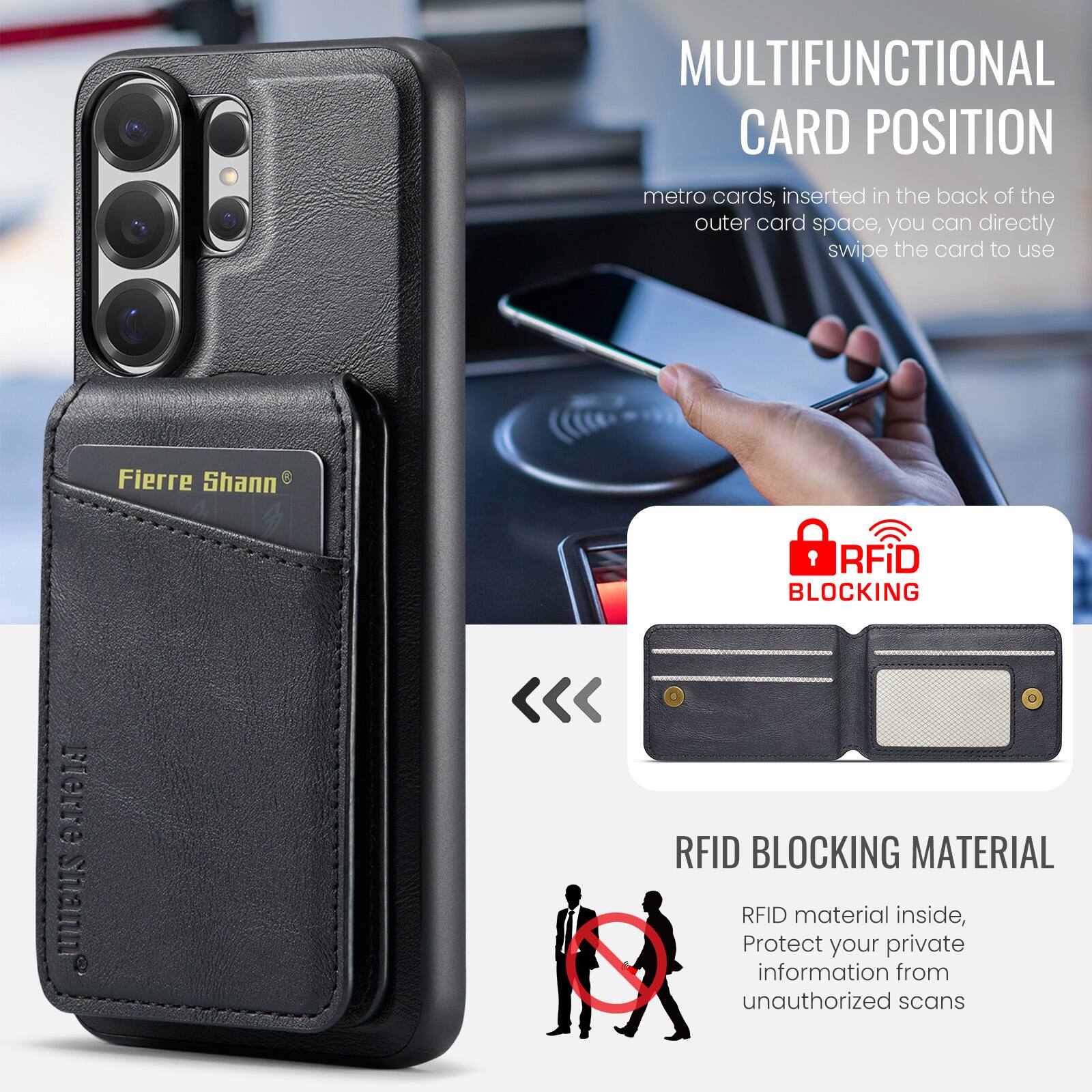 MULTIFUNCTIONAL CARD POSITION  
metro cards, inserted in the back of the outer card space, you can directly swipe the card to use  

RFID BLOCKING  
RFID BLOCKING MATERIAL  
RFID material inside, Protect your private information from unauthorized scans