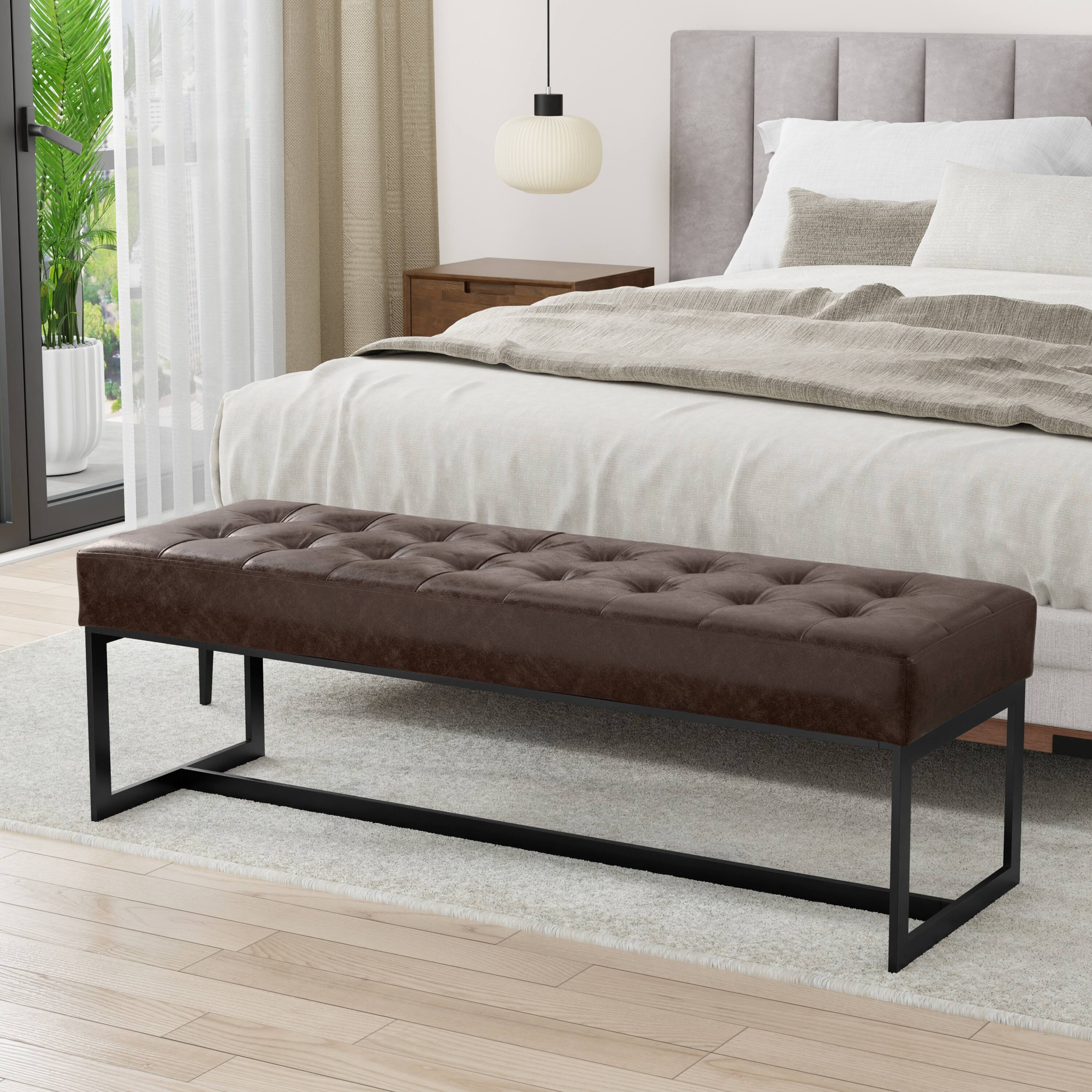 Angle. Simpli Home - Penelope Leather Ottoman Bench in Brown Genuine Leather - Brown.