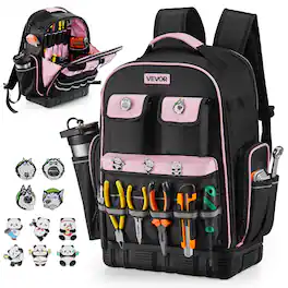 VEVOR - Tool Backpack, 56 Pockets, Heavy-duty Tools Storage Organizer Work Bags with Laptop Compartment & Molded Base - Black,Pink