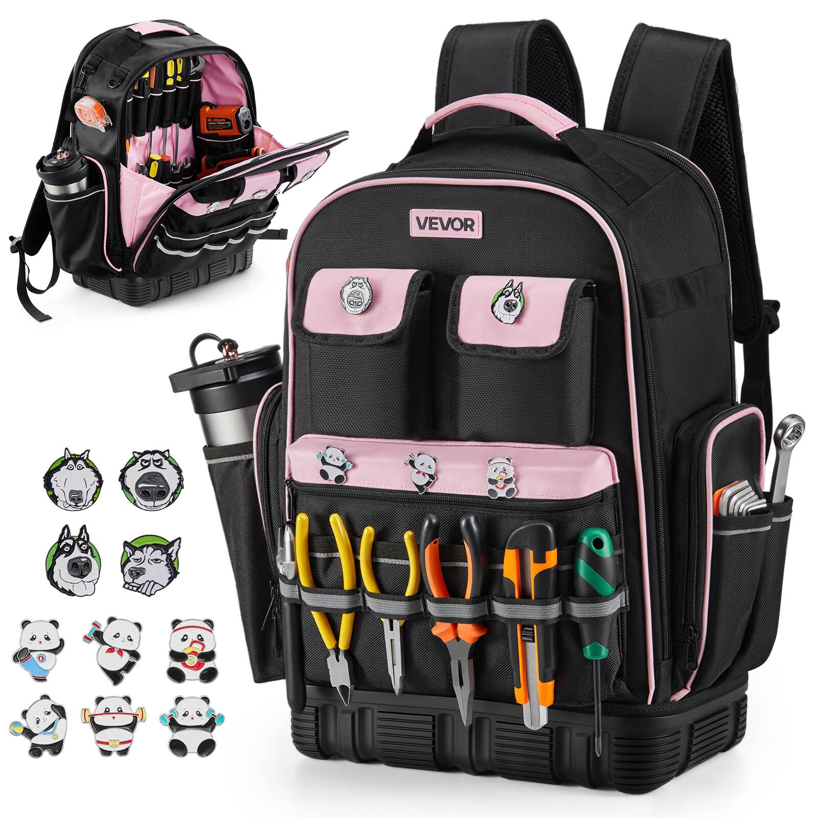 Front. VEVOR - Tool Backpack, 56 Pockets, Heavy-duty Tools Storage Organizer Work Bags with Laptop Compartment & Molded Base - Black,Pink.