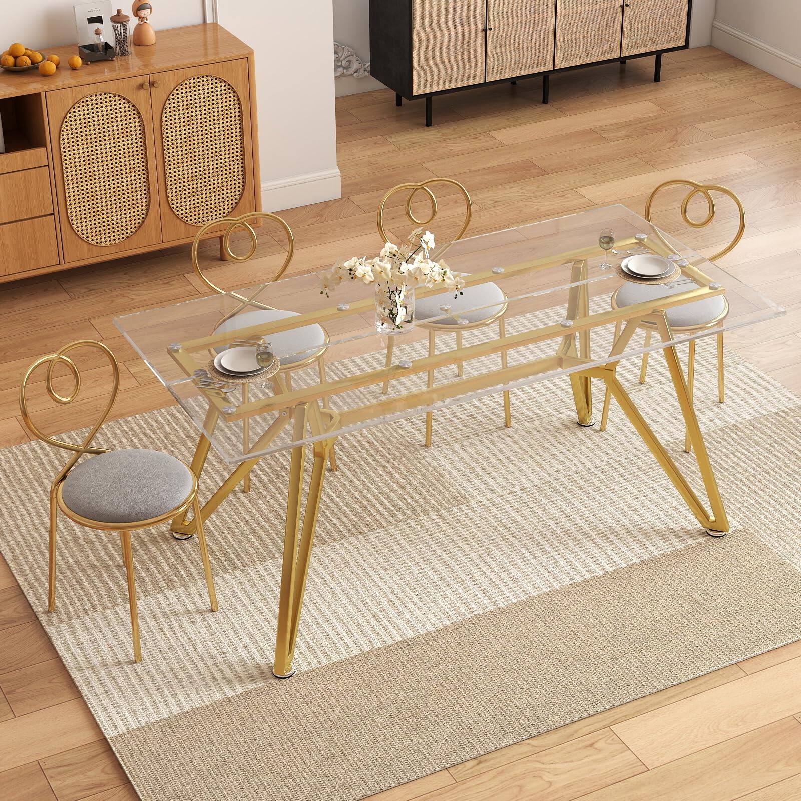 Alt View 5. Ecooso - 70.9-inch rectangular glass dining table, suitable for 1-8 people, equipped with sturdy metal table legs,Gold - Gold.