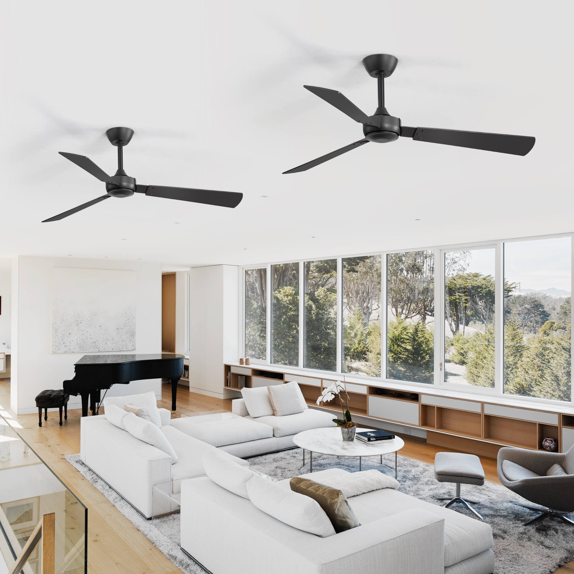 Alt View 2. Breezary - 52-Inch Indoor Modern No-Light Ceiling Fan, DC Motor, 6-Speed Remote Control, 3 Blades, 4"/8" Downrods, Single or 2 Pack - Black and Woodgrain-2 Pack.