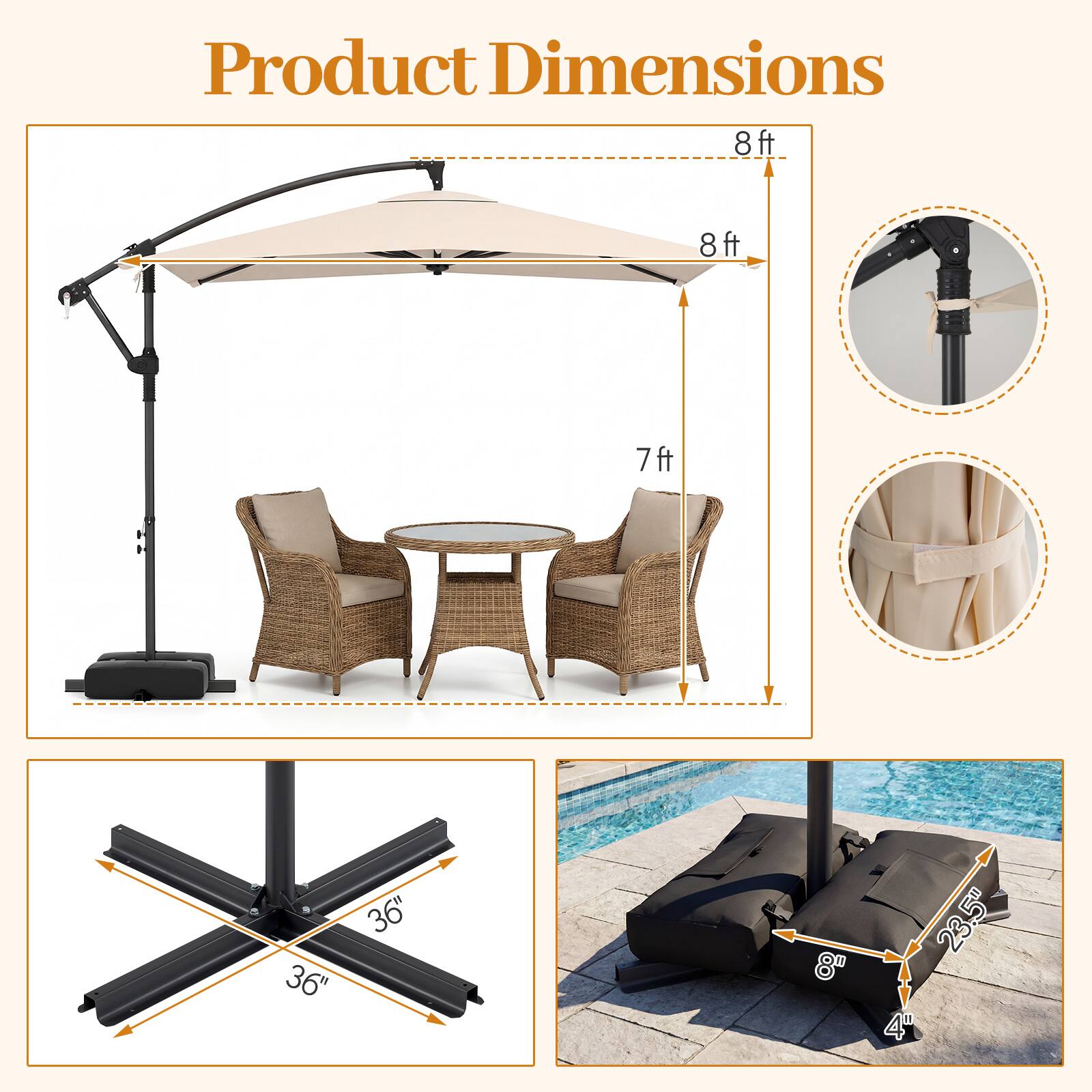 Product Dimensions: 8ft x 8ft, 7ft, 36" x 36", 8" x 23.5" x 4"