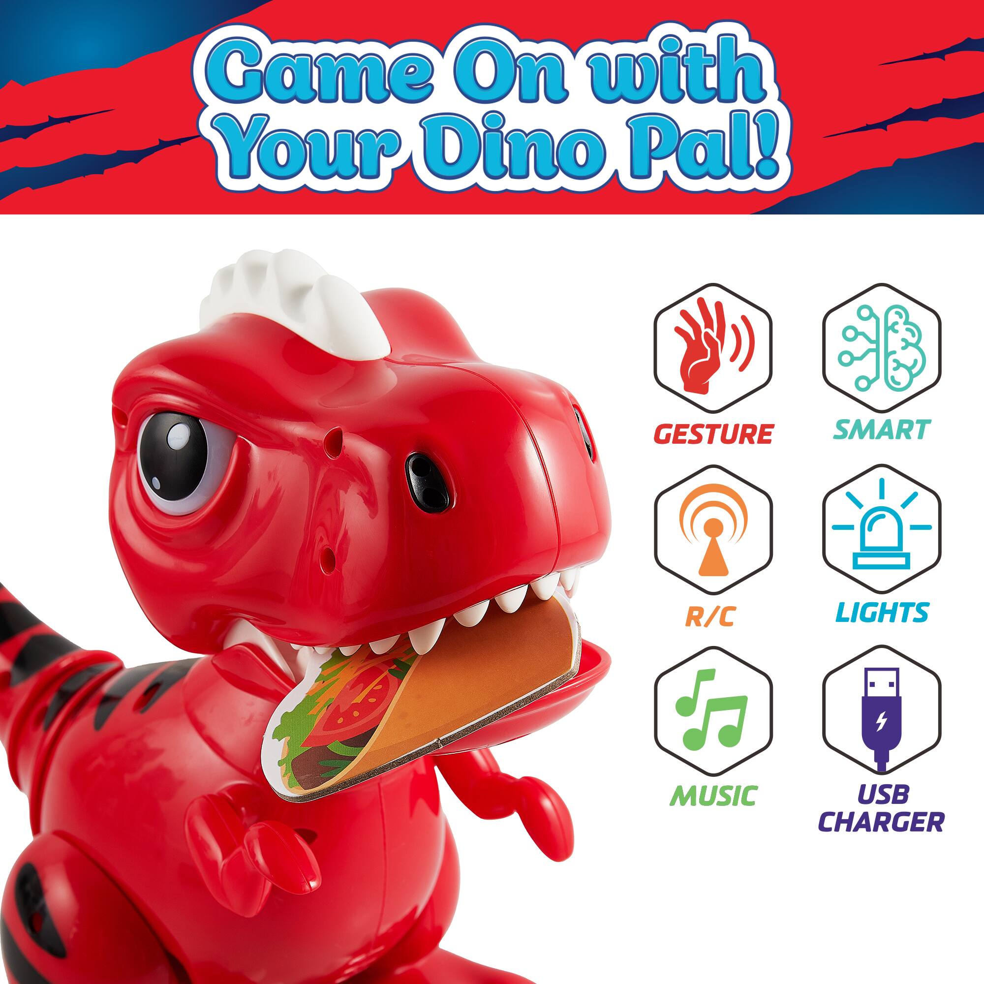 Game On with Your Dino Pal! GESTURE SMART R/C LIGHTS MUSIC USB CHARGER
