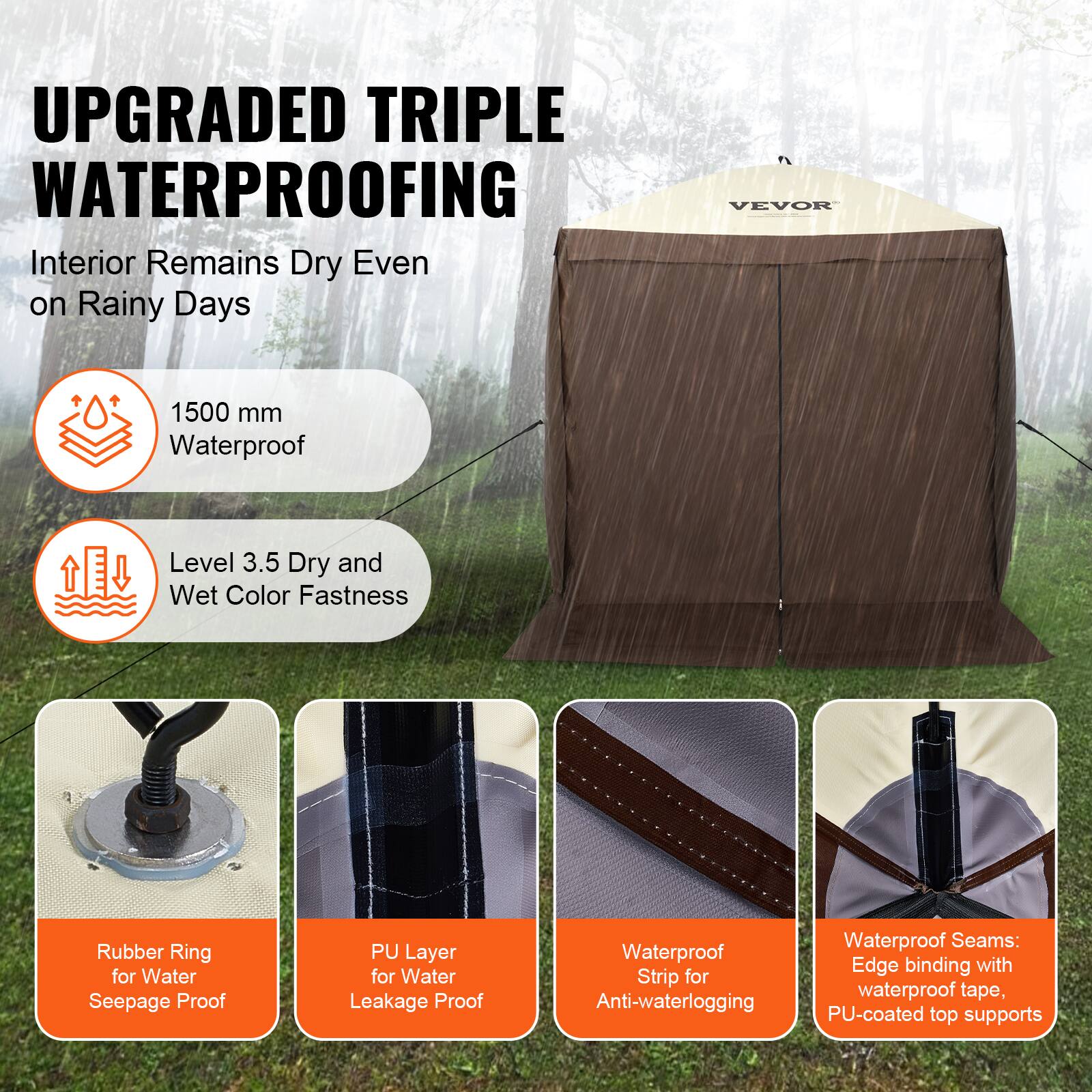 UPGRADED TRIPLE WATERPROOFING
Interior Remains Dry Even on Rainy Days
VEVOR
1500 mm Waterproof
Level 3.5 Dry and Wet Color Fastness
Rubber Ring for Water Seepage Proof
PU Layer for Water Leakage Proof
Waterproof Seams: Waterproof Edge binding with PU-coated top supports
Strip for waterproof tape, Anti-waterlogging